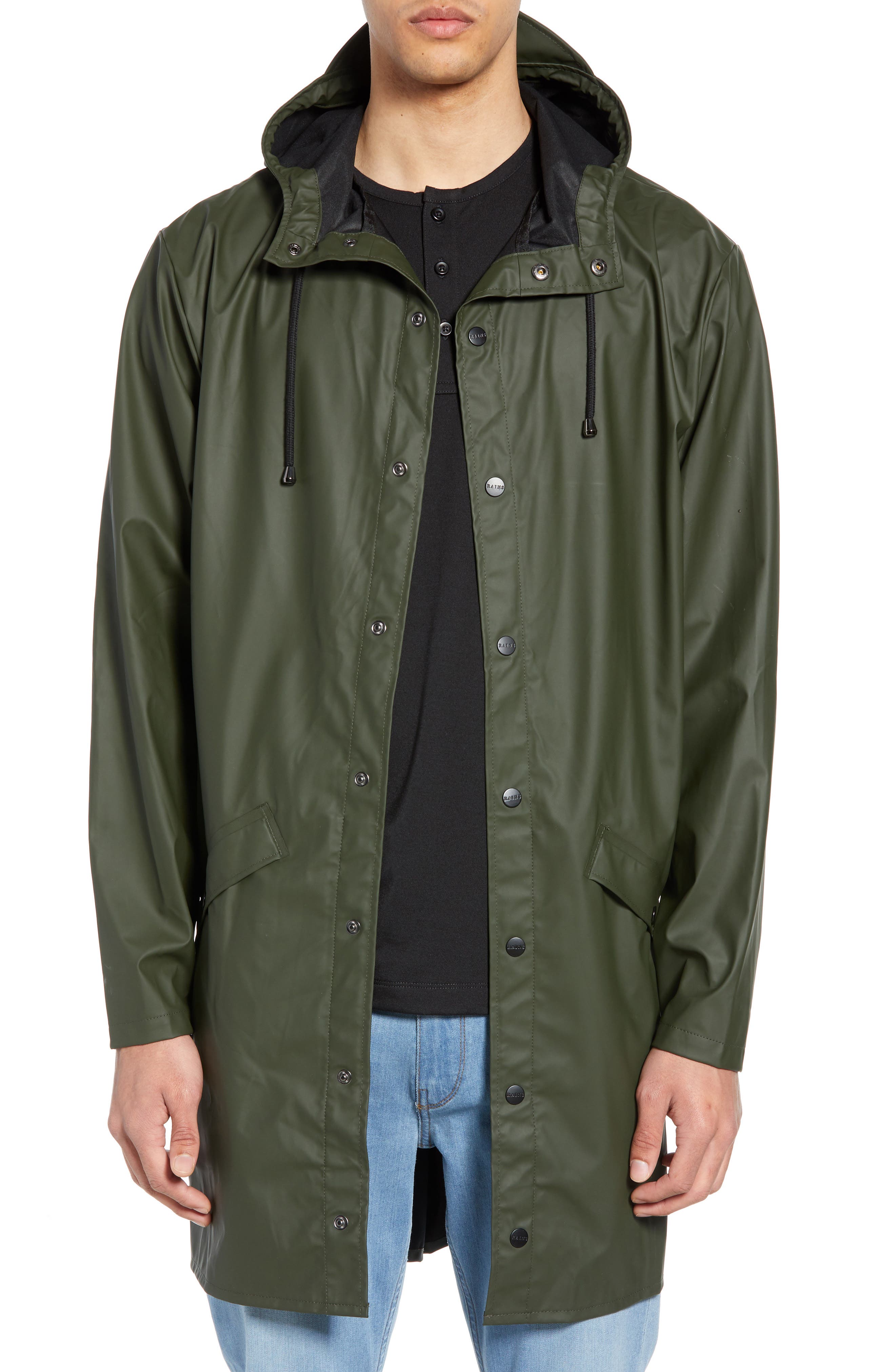 Rains Waterproof Hooded Long Rain Jacket, Green