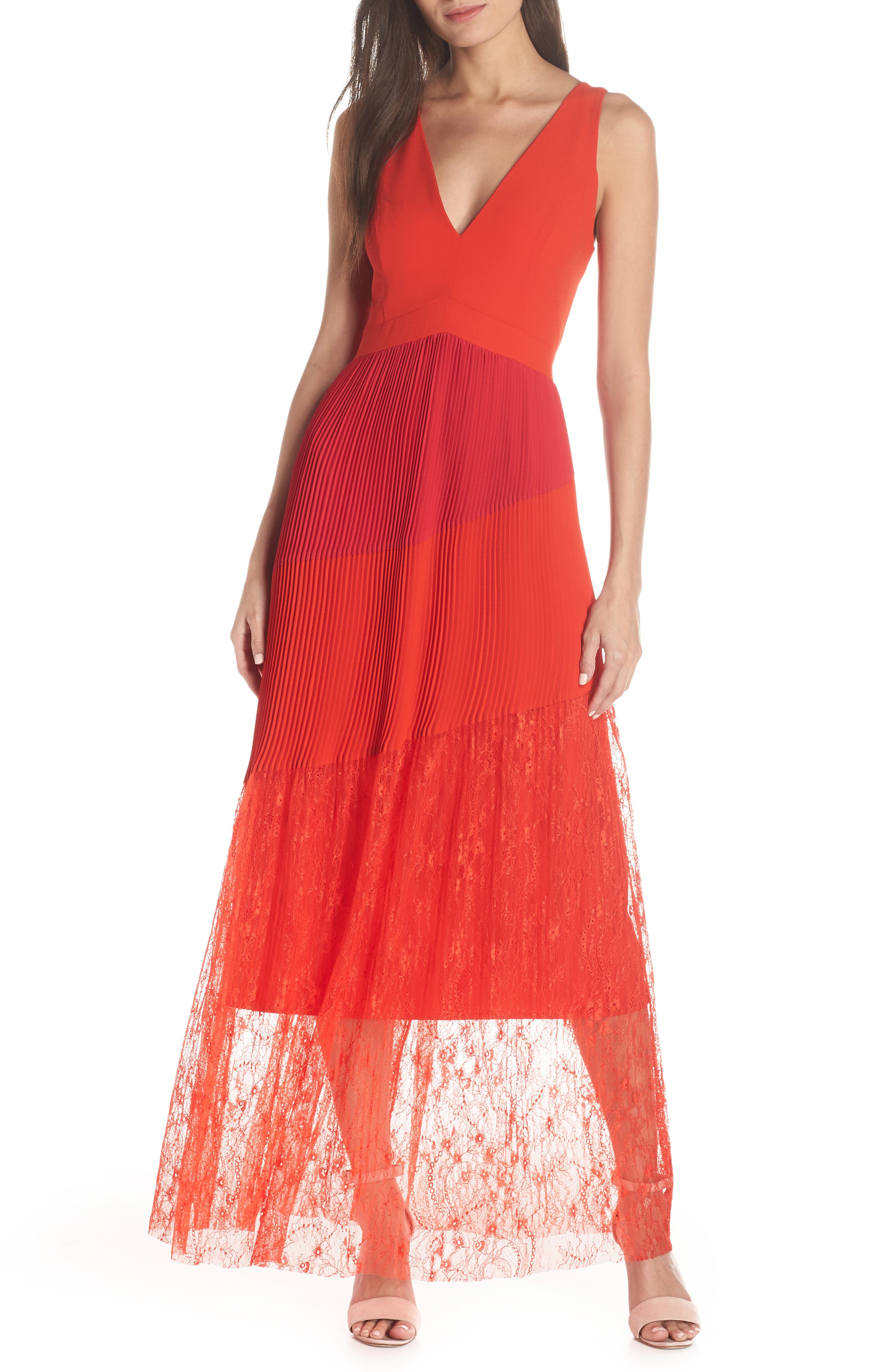Harlyn Pleated Mix Media Colorblock Evening Dress, Red