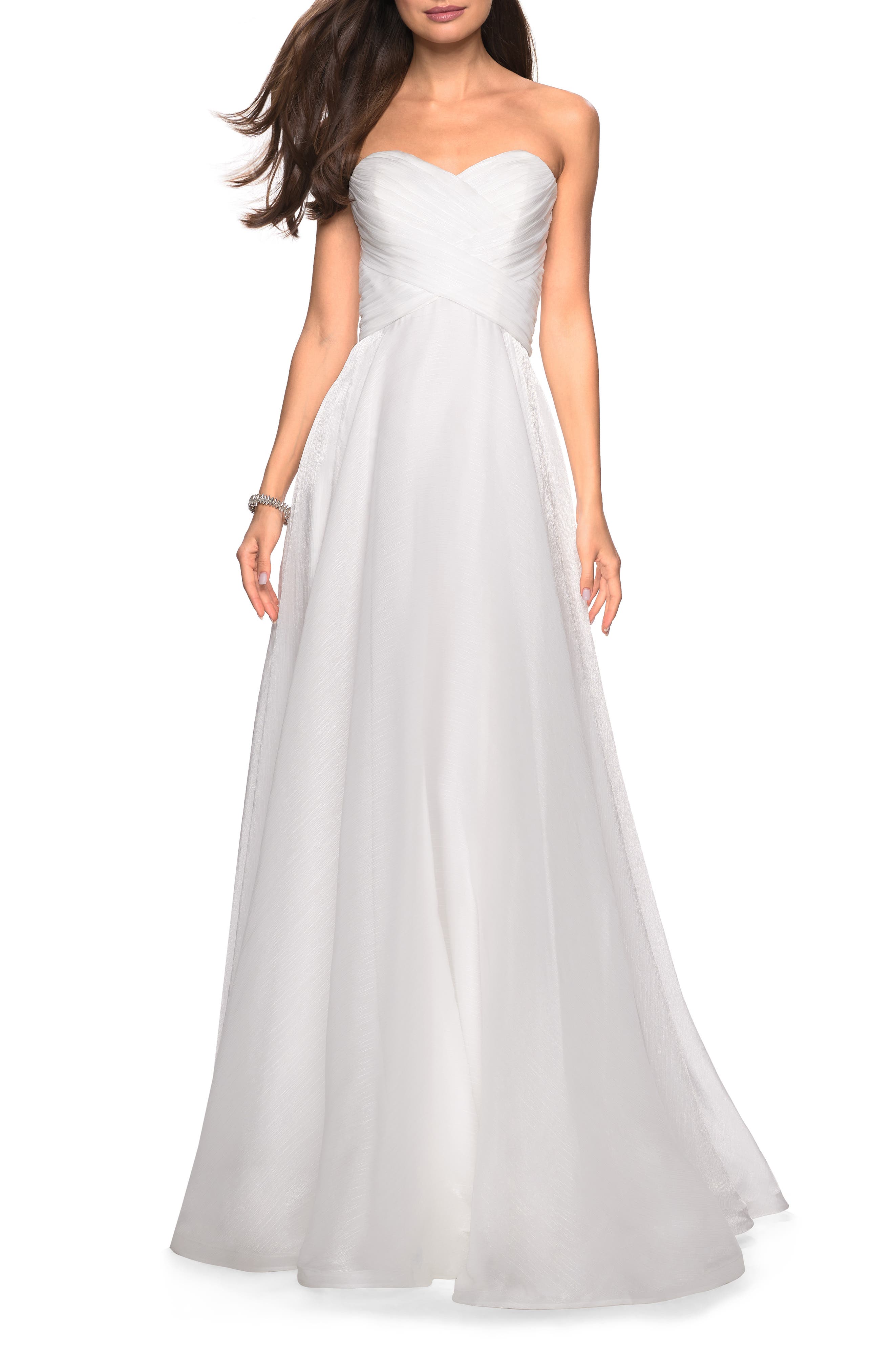 La Femme Strapless Metallic Chiffon Evening Dress, White