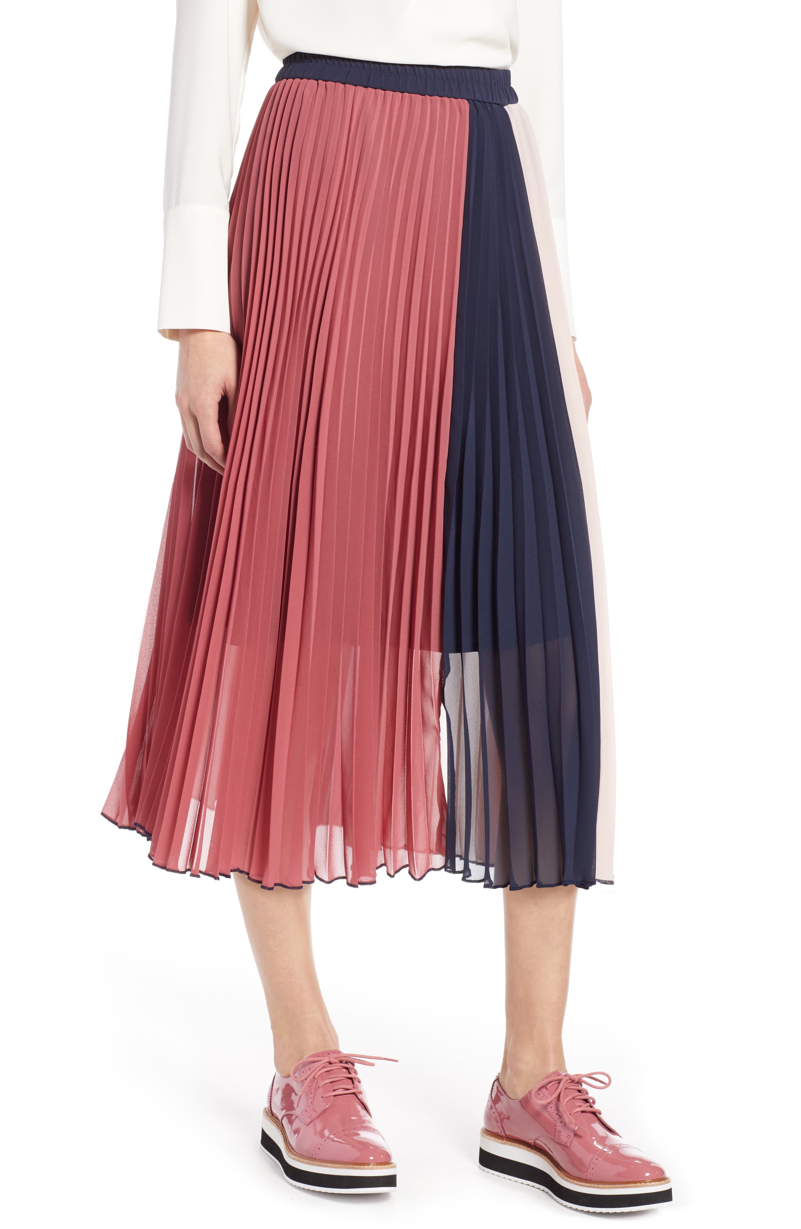 Halogen X Atlantic-Pacific Colorblock Pleated Midi Skirt, Pink
