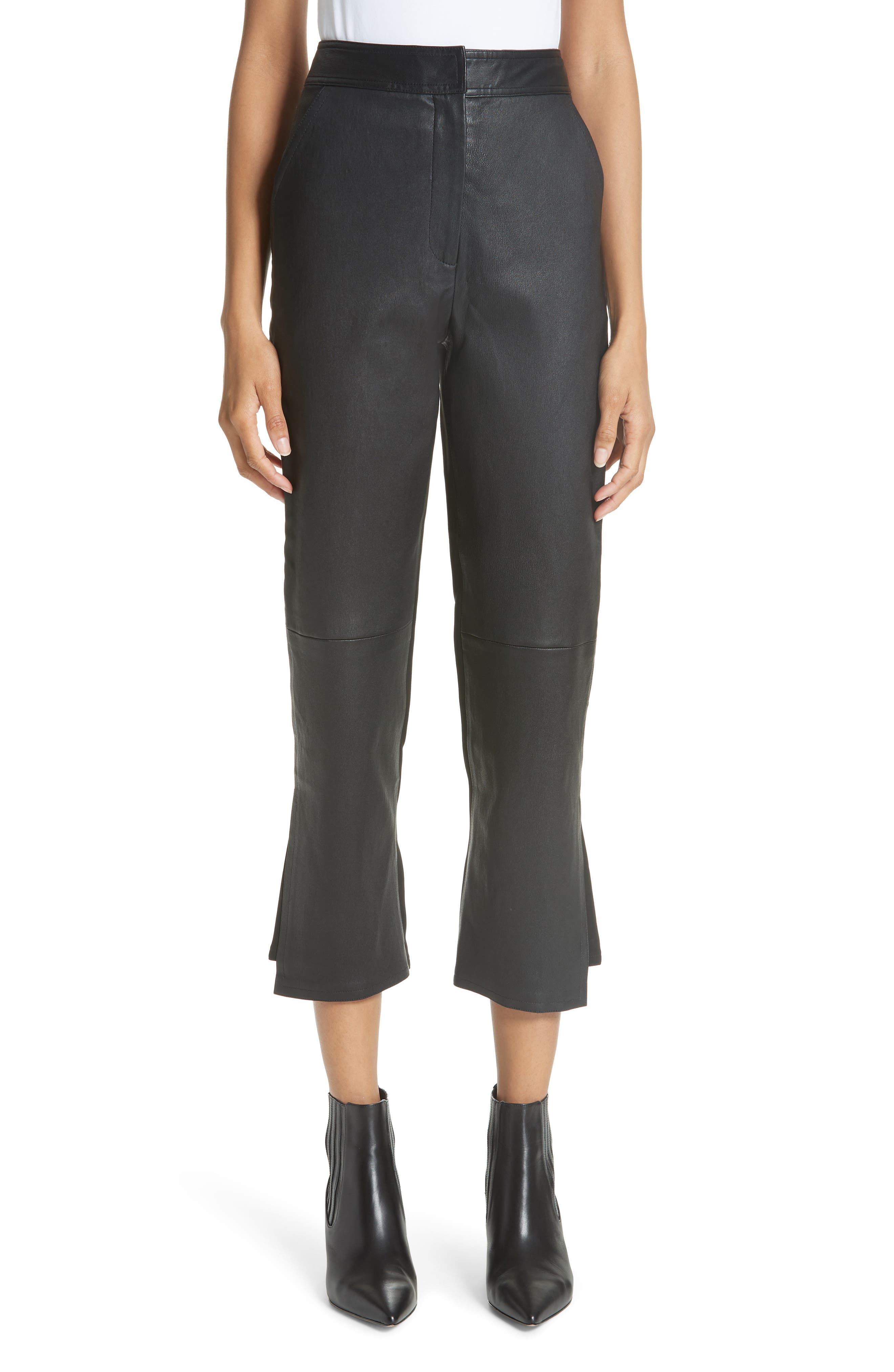 Yigal Azrouel Leather Front Crop Flare Pants, Black
