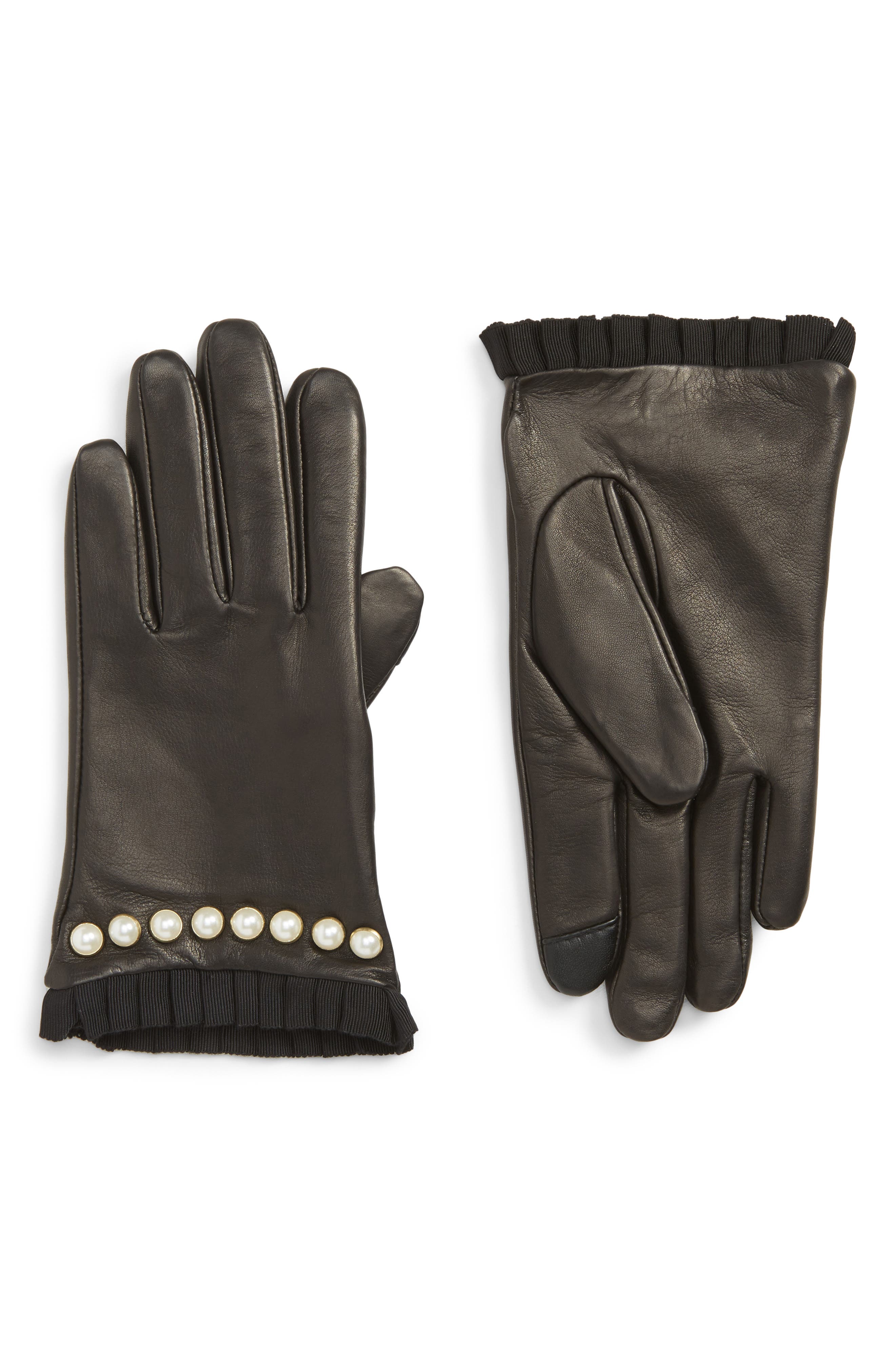 Echo Imitation Pearl Trim Leather Touchscreen Gloves, Black