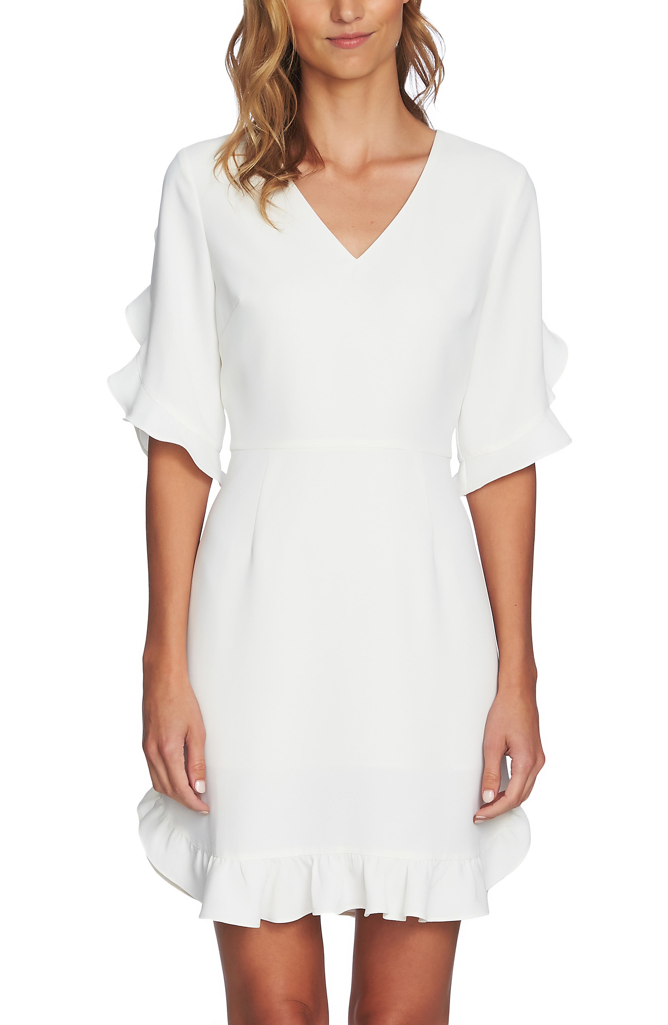 Cece Ruffle V-Neck A-Line Dress, White