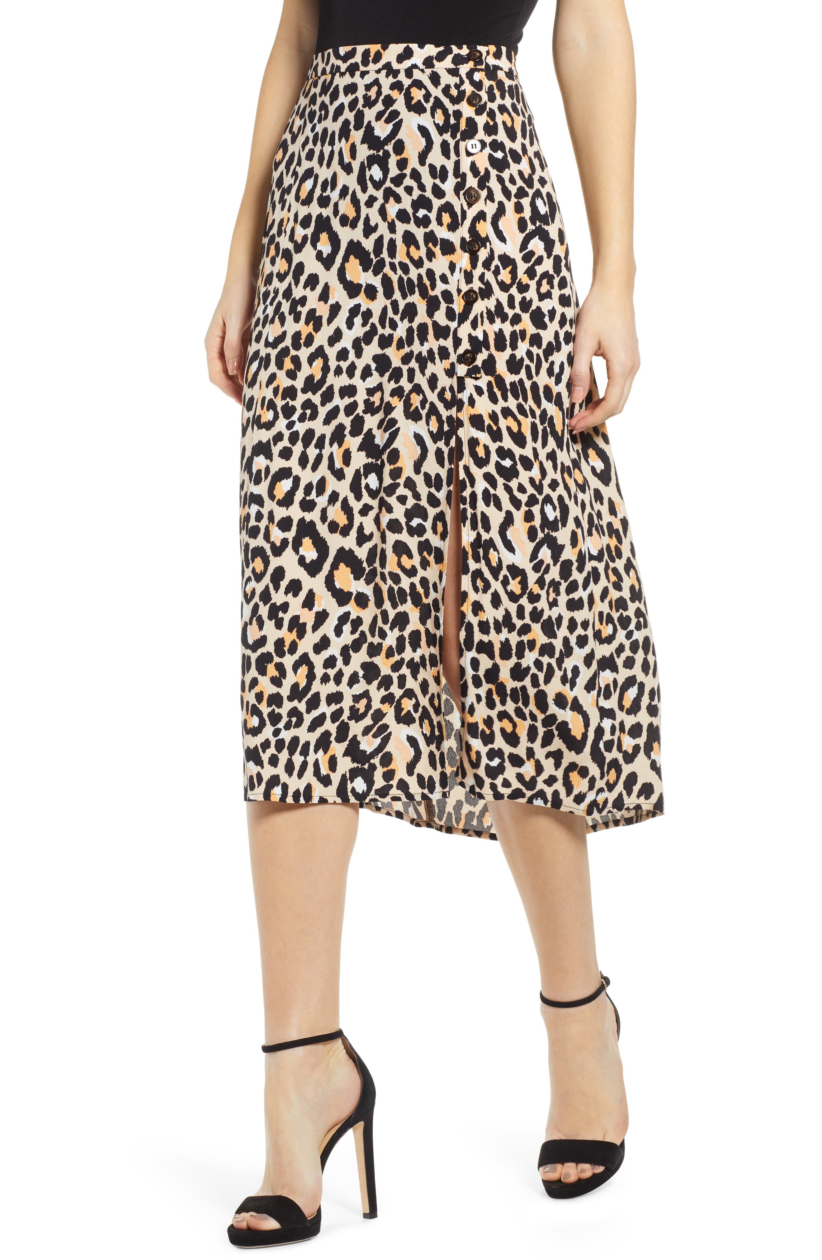 Astr The Label Leopard Print Button Front Midi Cotton Blend Skirt, Black