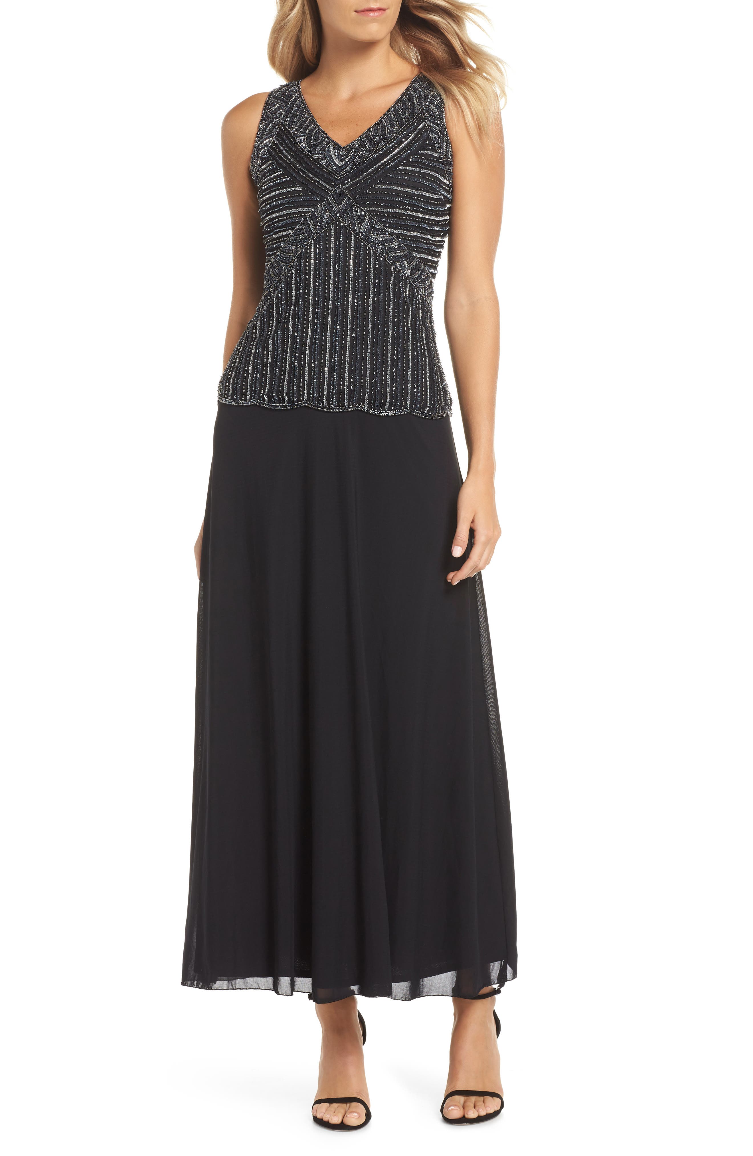 Pisarro Nights Beaded Mock Two-Piece Gown, Black