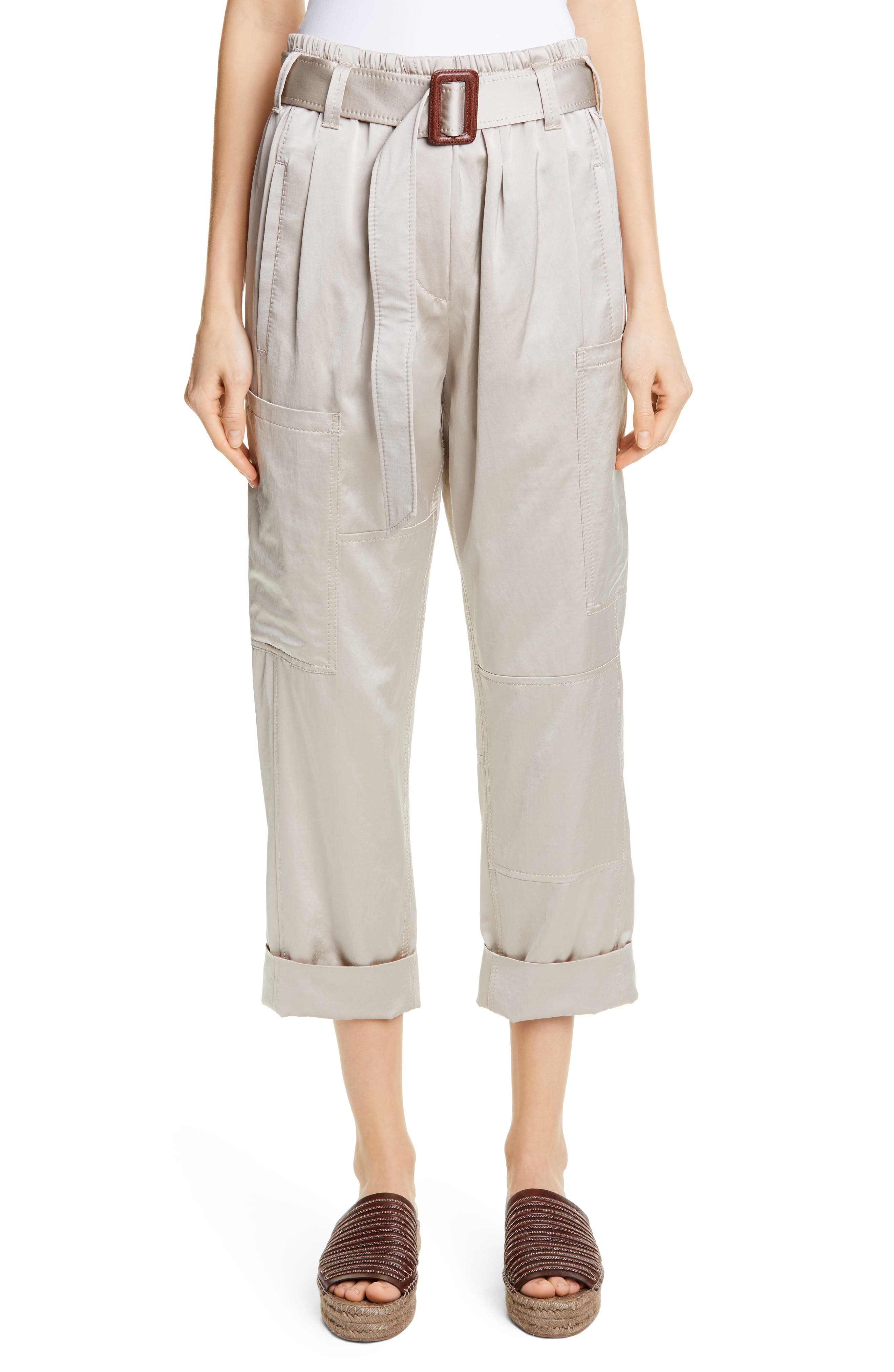 Brunello Cucinelli Belted Satin Cargo Pants, US / 48 IT - Beige