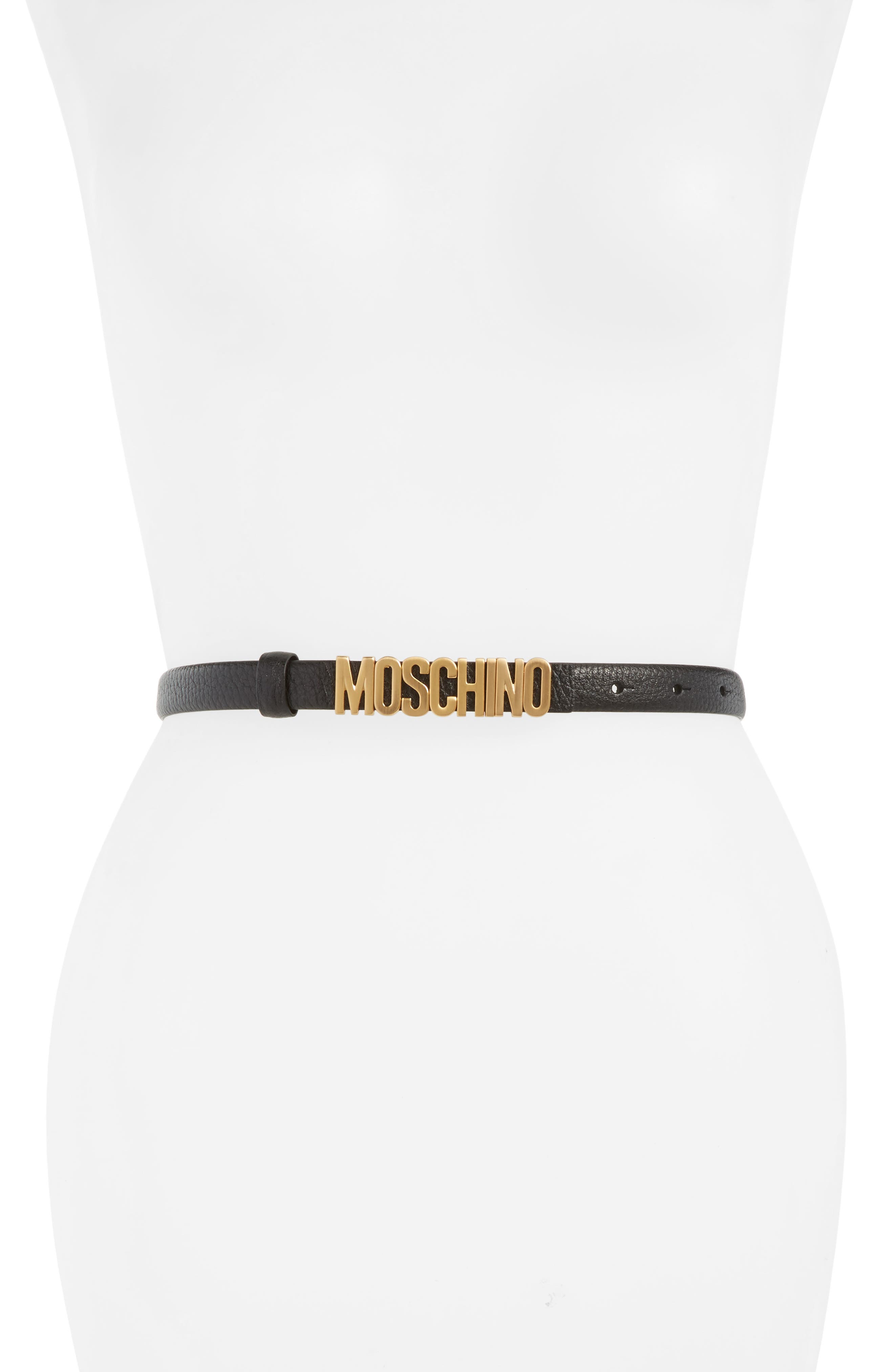 Moschino Logo Plate Skinny Leather Belt, Black
