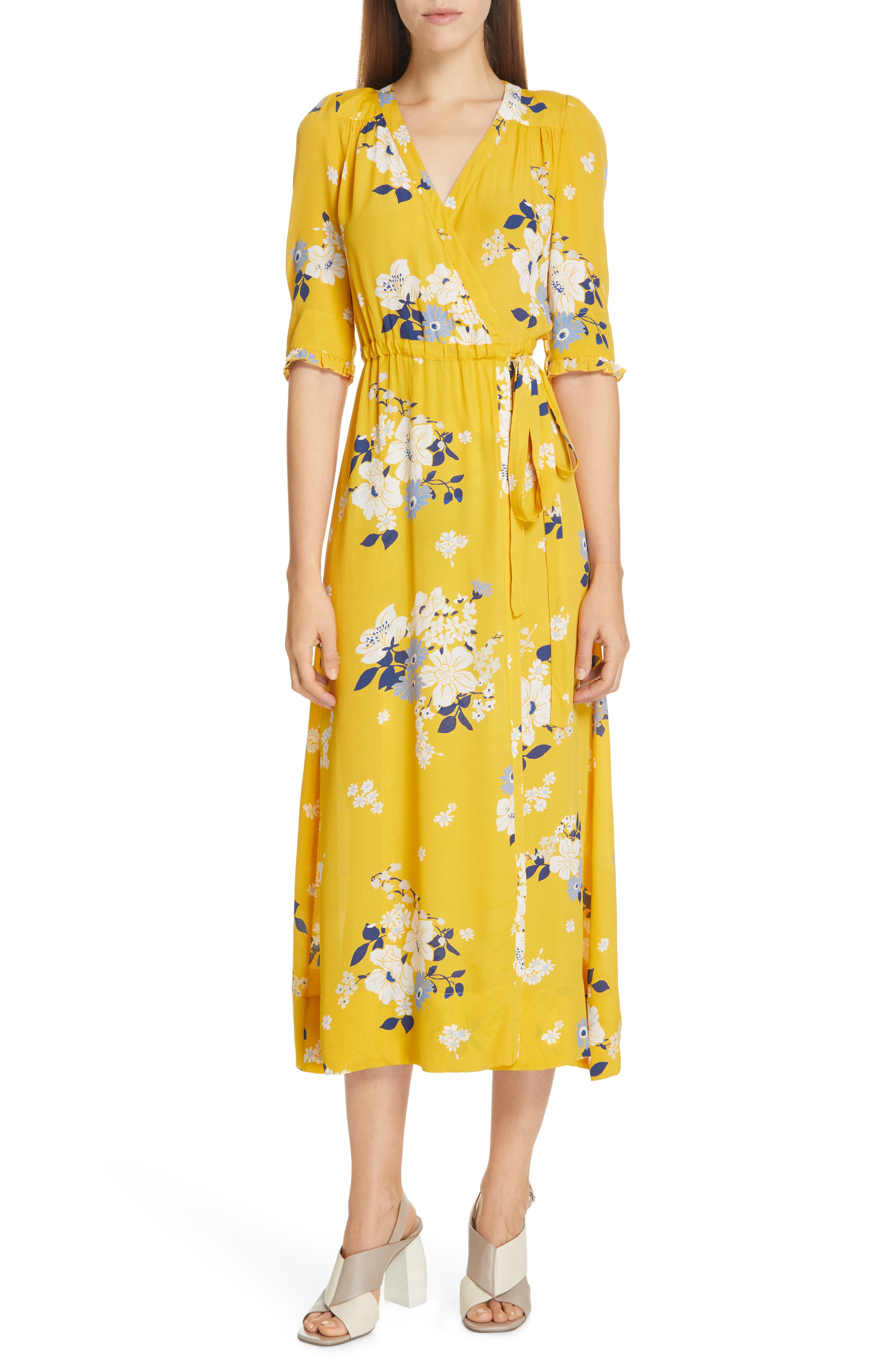 Sea Pia Floral Faux Wrap Midi Dress, Yellow