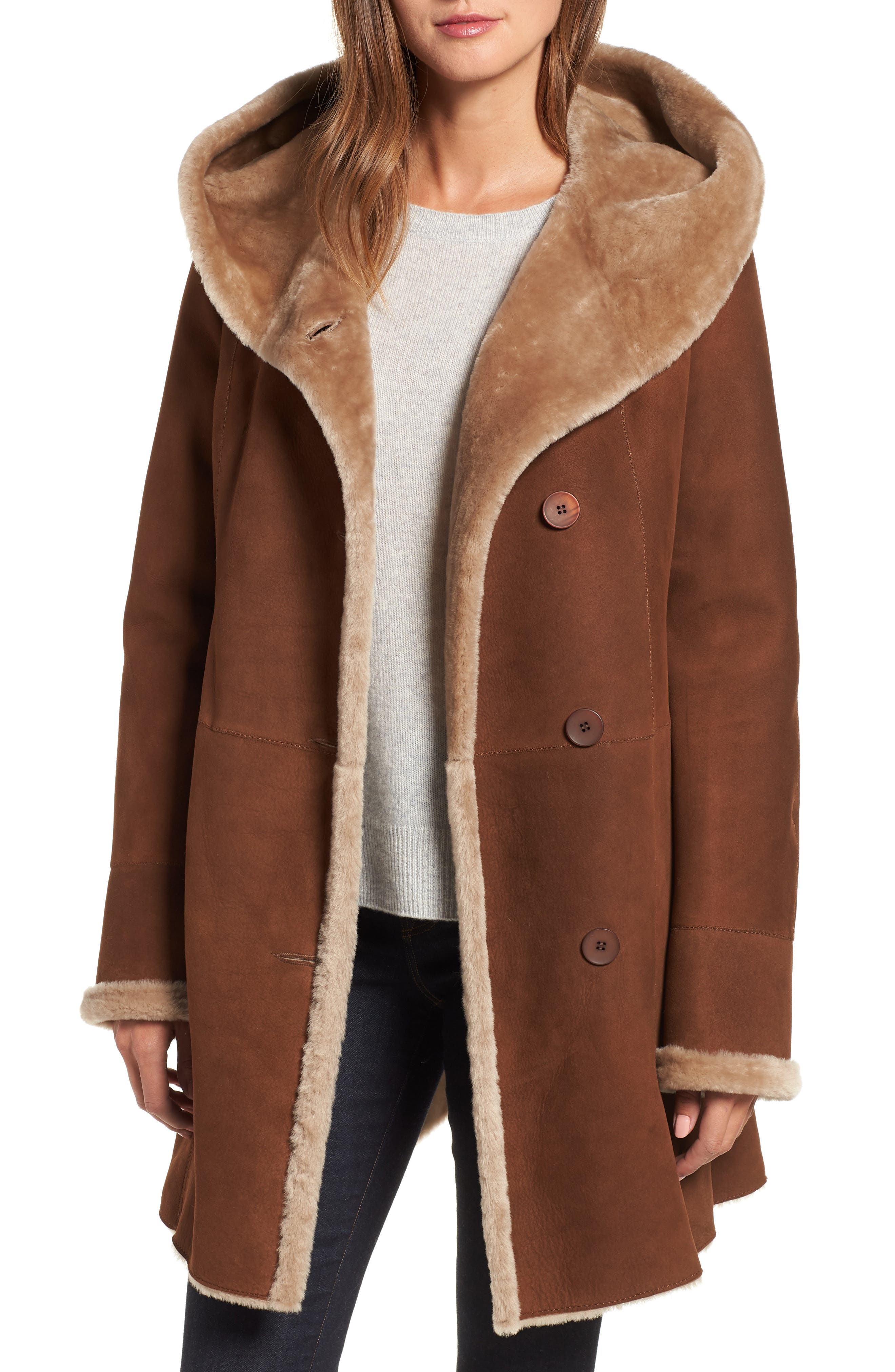 Hiso Hooded Merino Shearling Coat, Brown