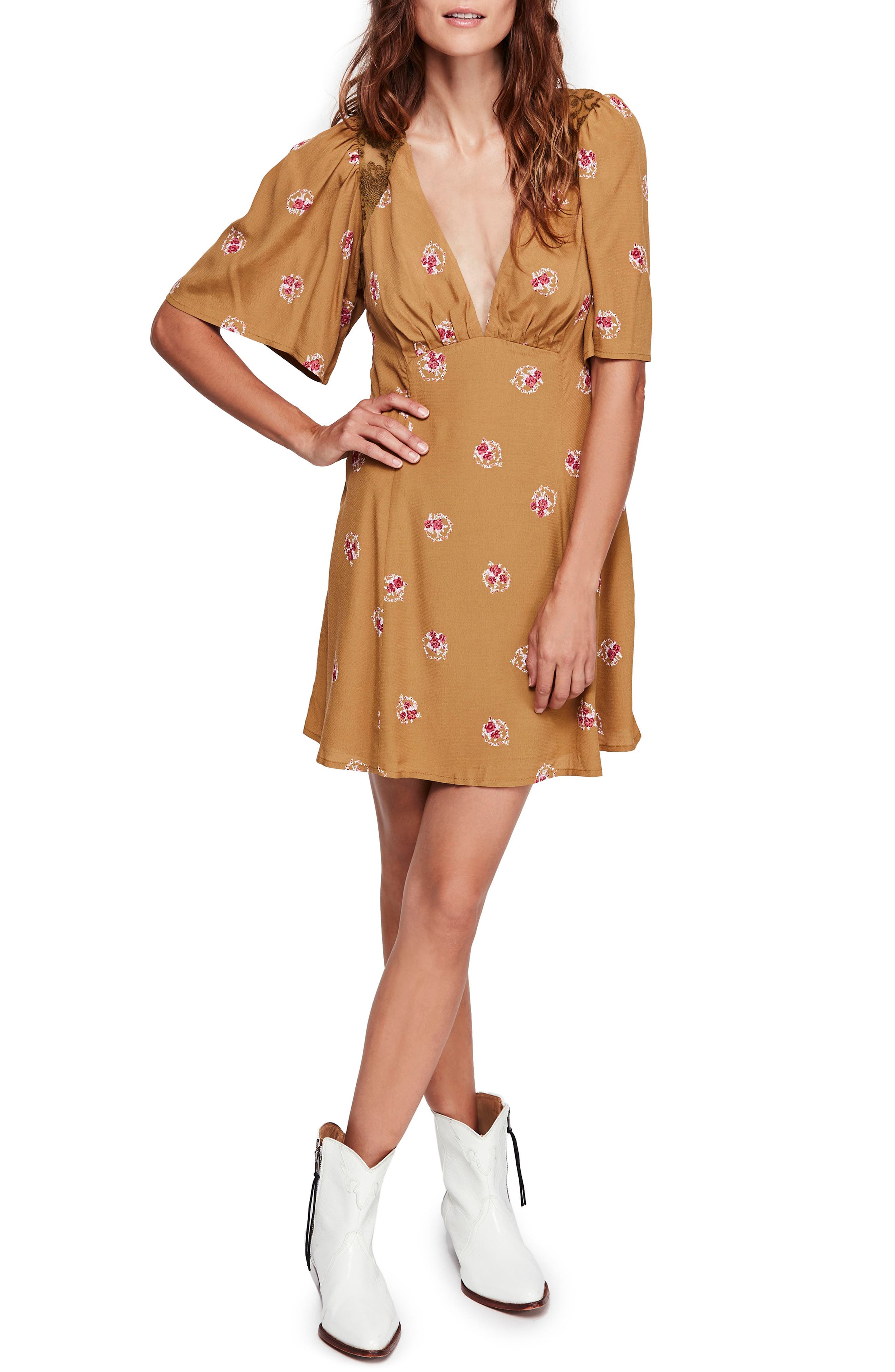 Free People Mockingbird Embroidered Mesh Inset Minidress, Brown