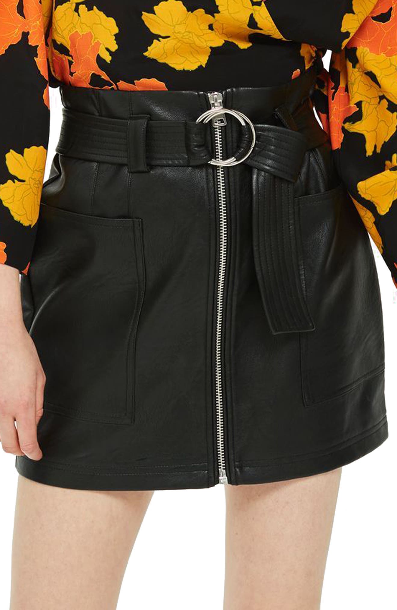 Topshop Front Zip Faux Leather Miniskirt