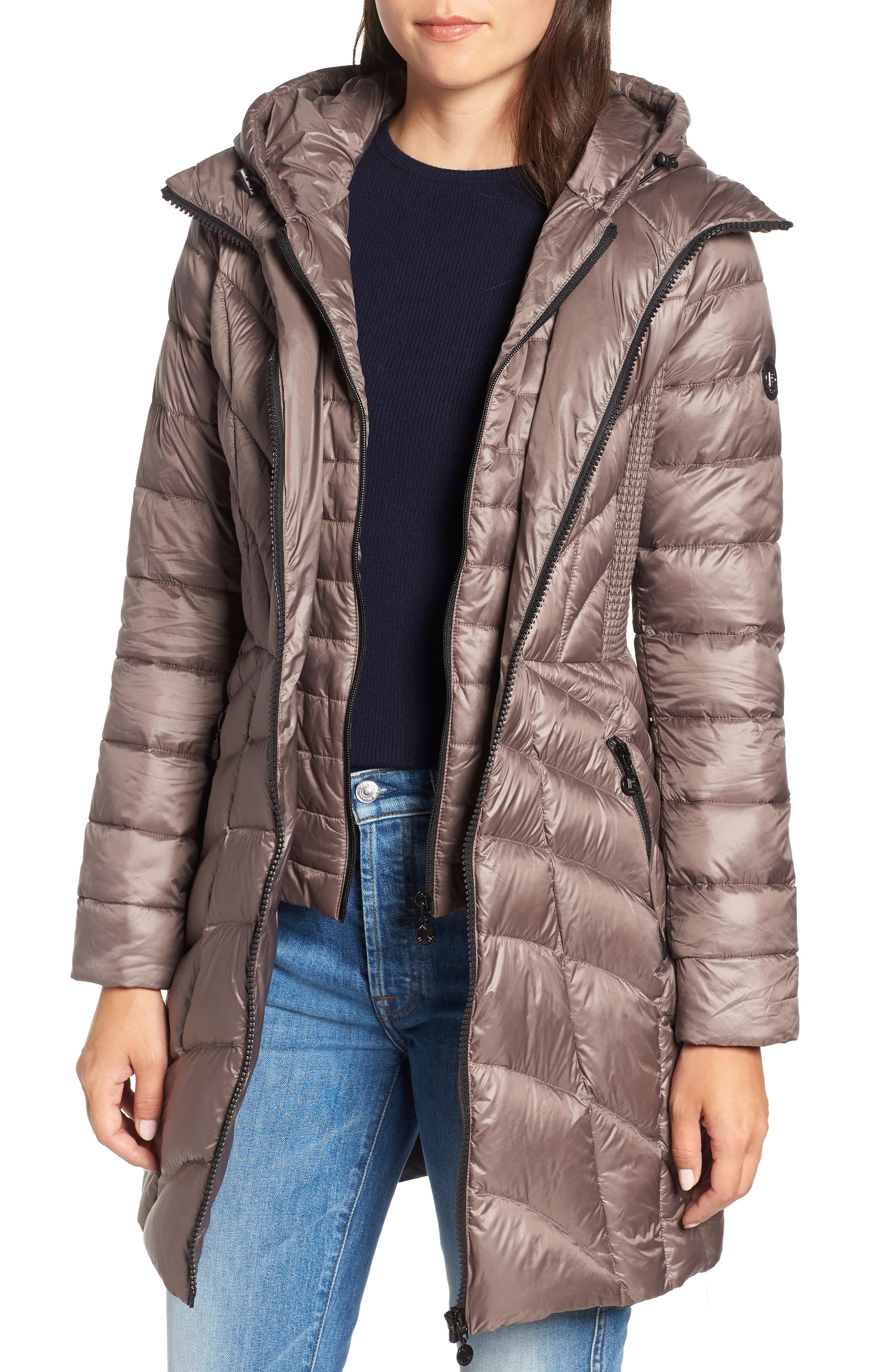 Bernardo Glossy Quilted Walker Coat, Beige