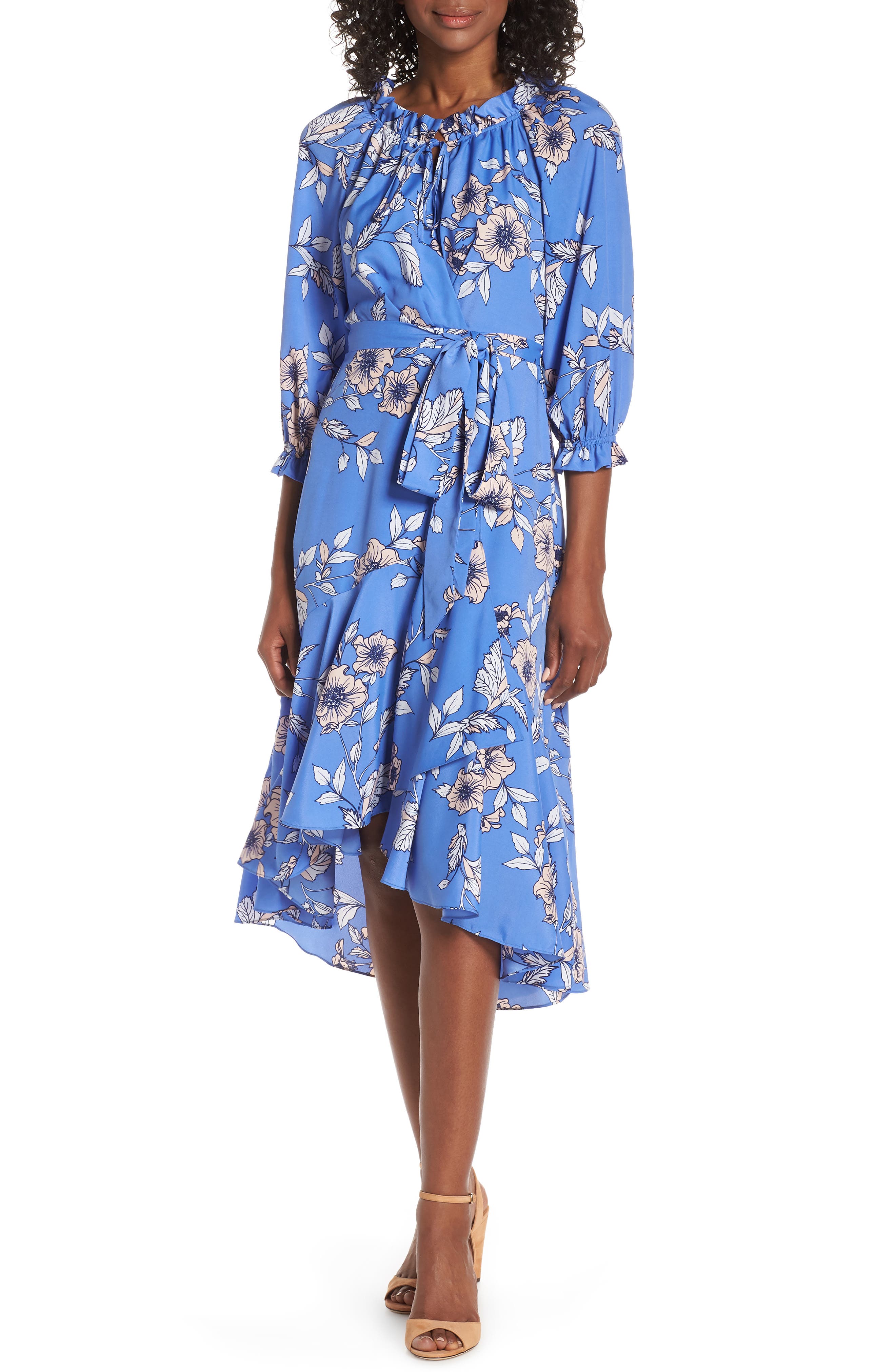 Eliza J Gathered Neck Faux Wrap Midi Dress, Blue