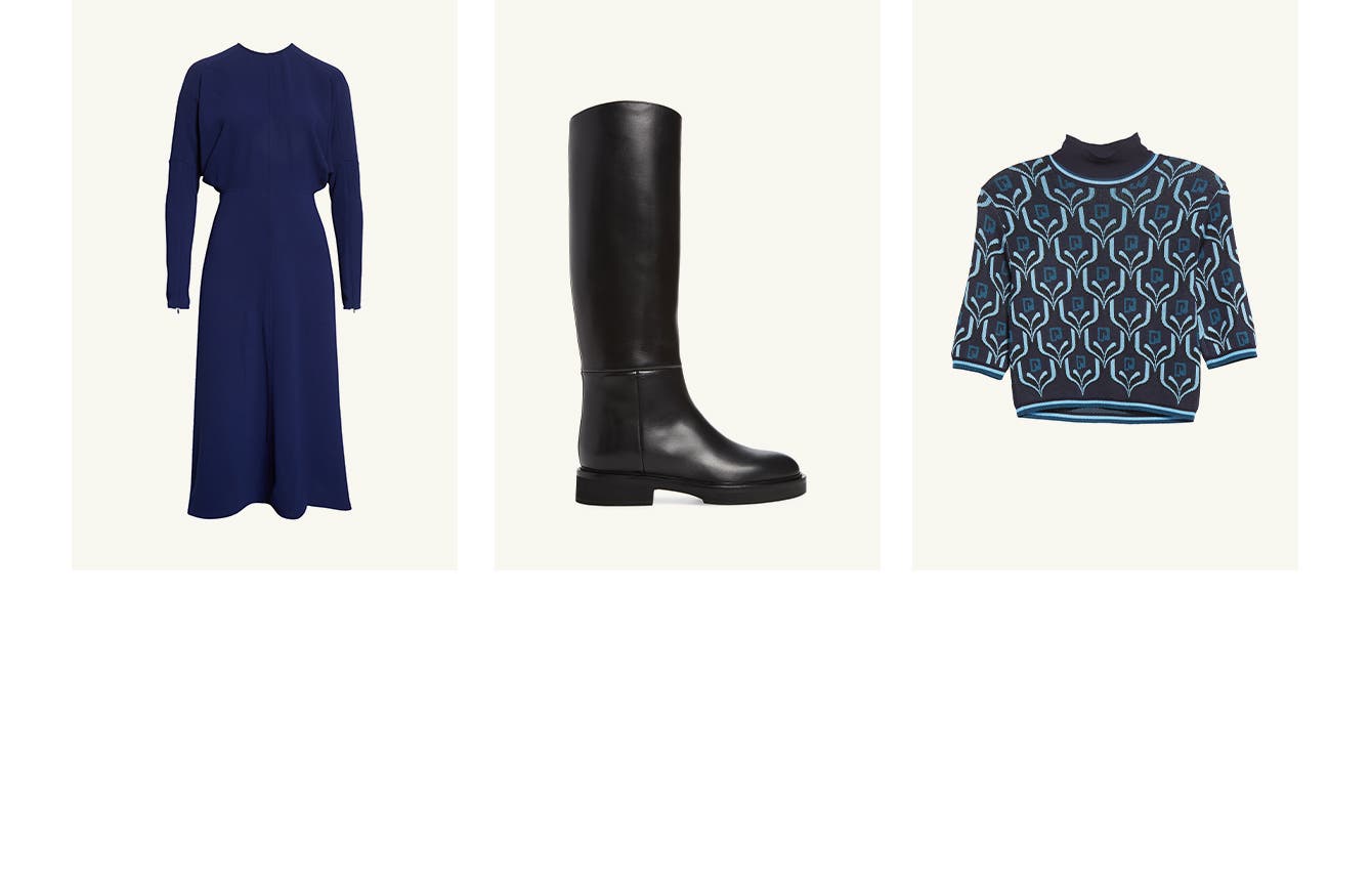 Victoria Beckham midi dress. Khaite boots. Paco Rabanne knit.