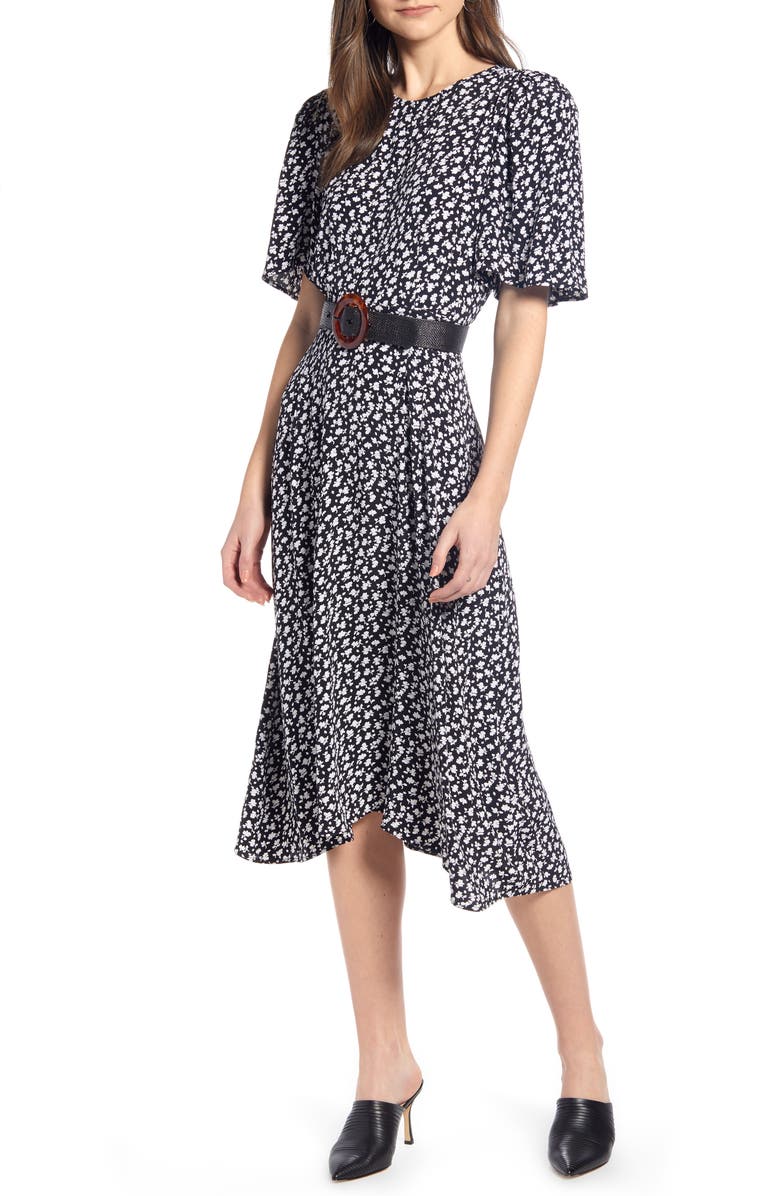 SOMETHING NAVY Strong Shoulder Floral Print Midi Dress, Main, color, SN BLACK VINTAGE FLORAL