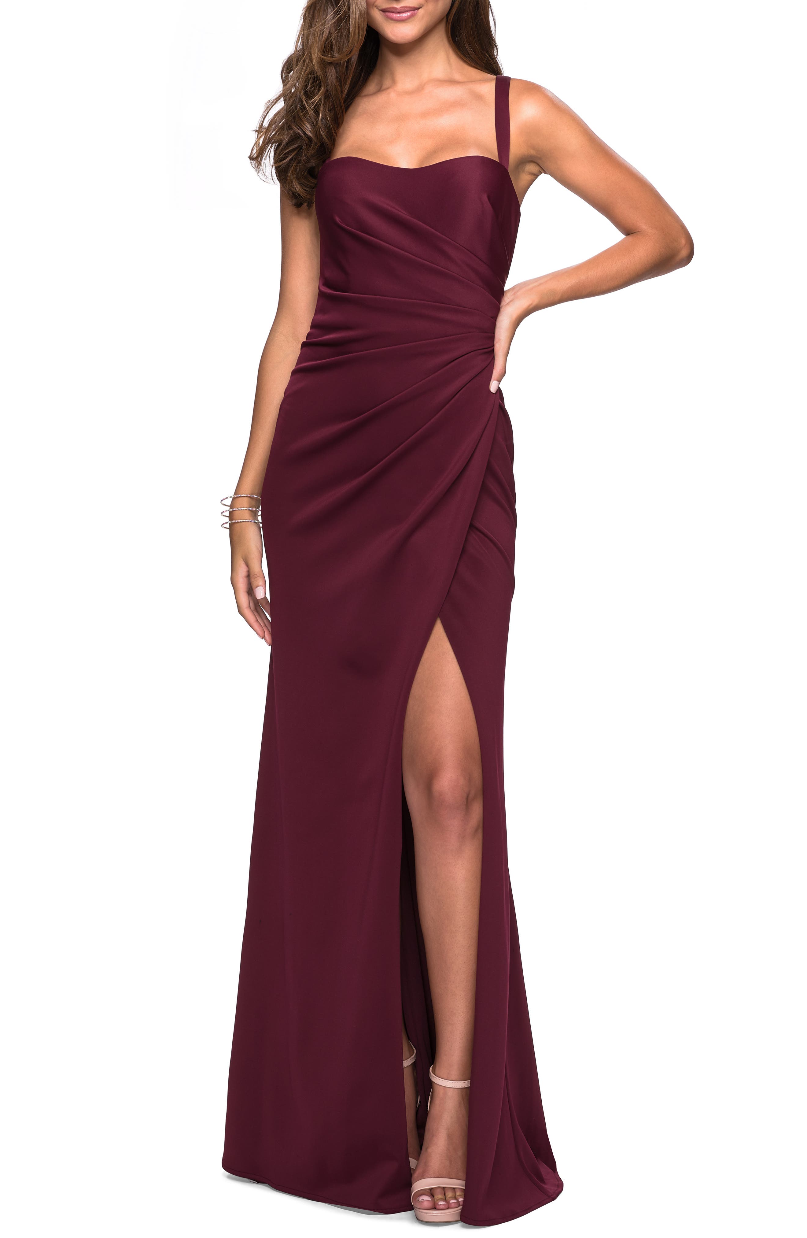 La Femme Ruched Soft Jersey Evening Dress, Burgundy