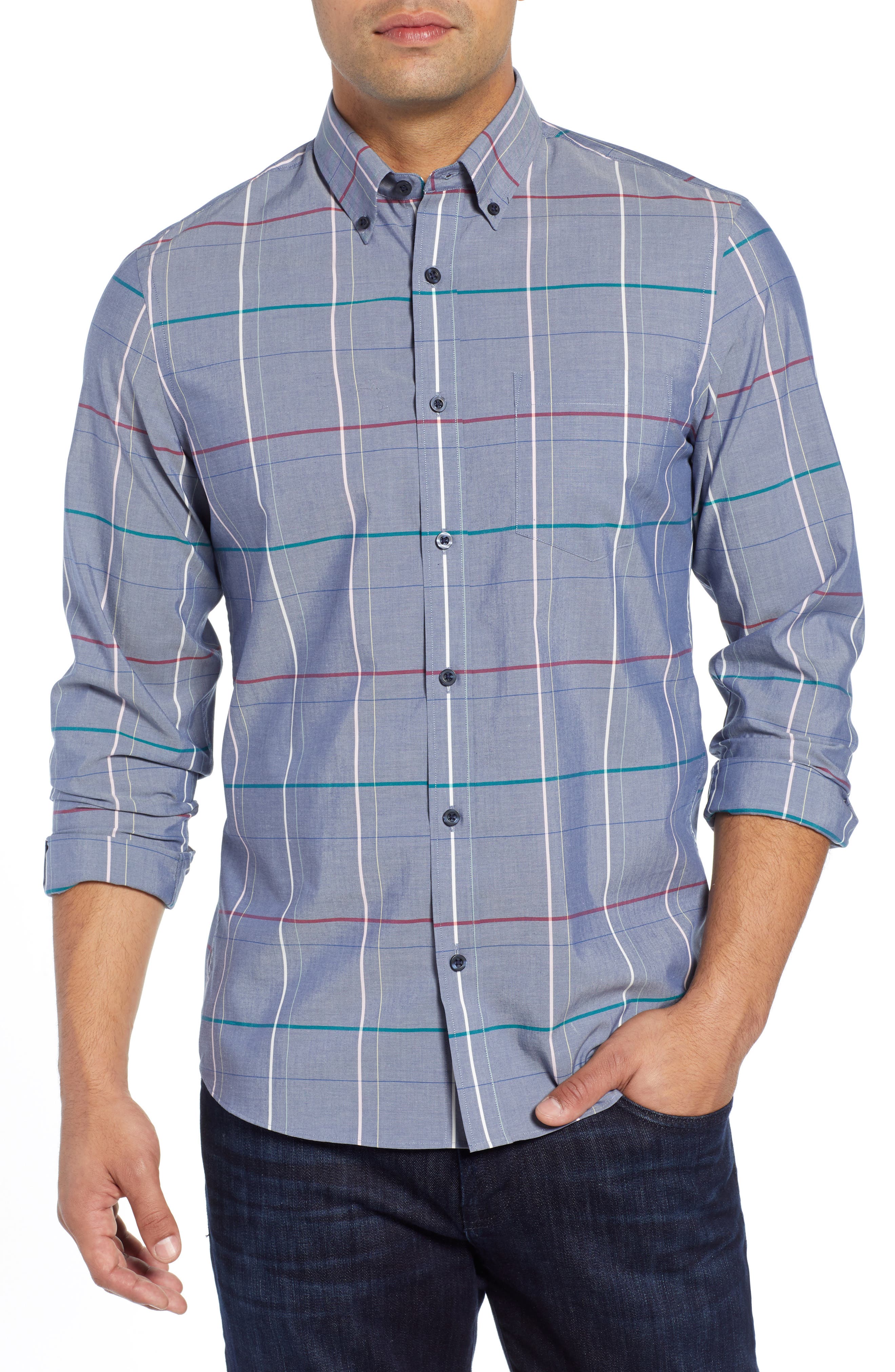 Nordstrom Shop Tech-Smart Slim Fit Multi Pane Sport Shirt, Grey