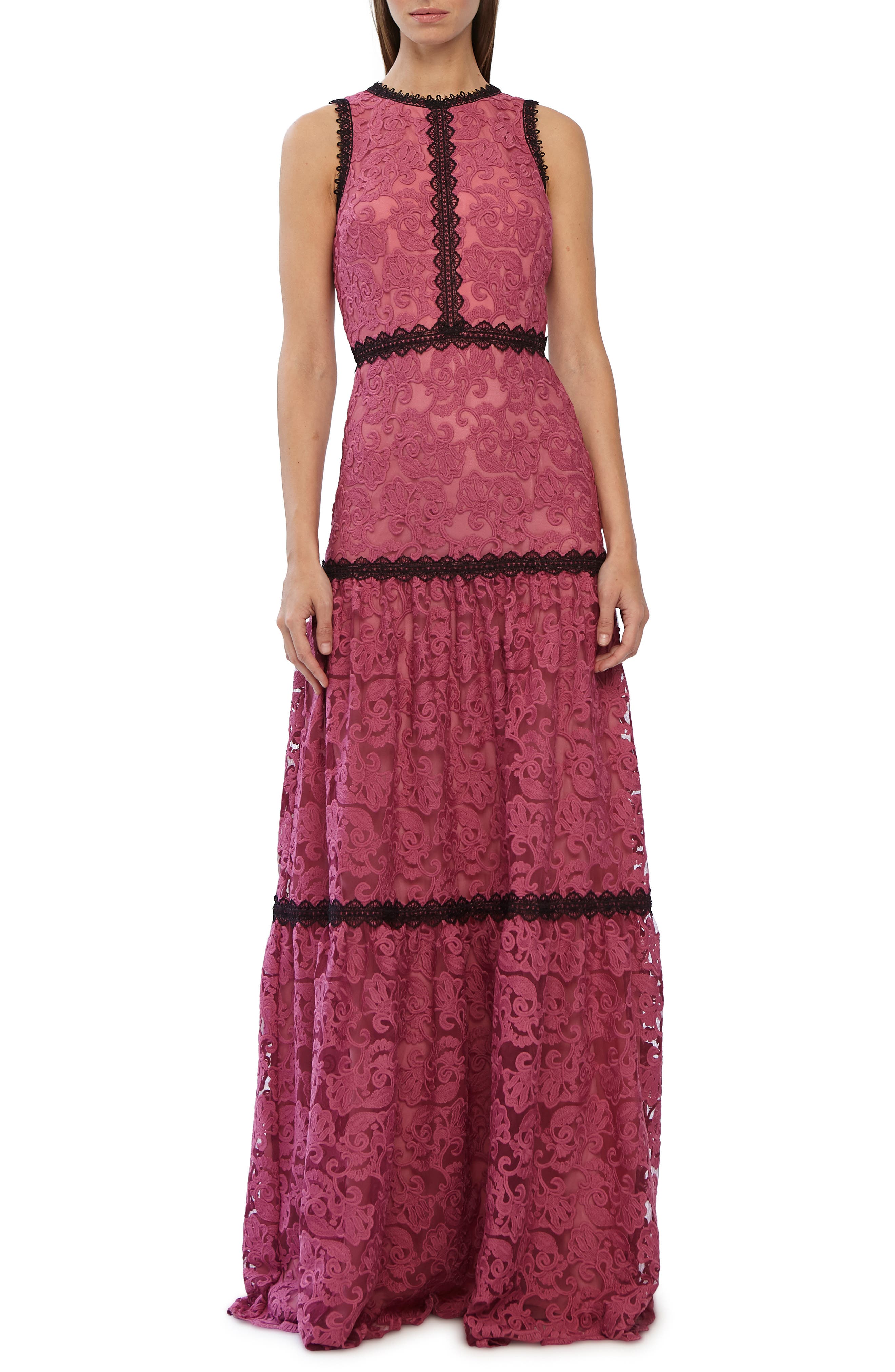 Ml Monique Lhuillier Lace Trim Evening Dress, Pink