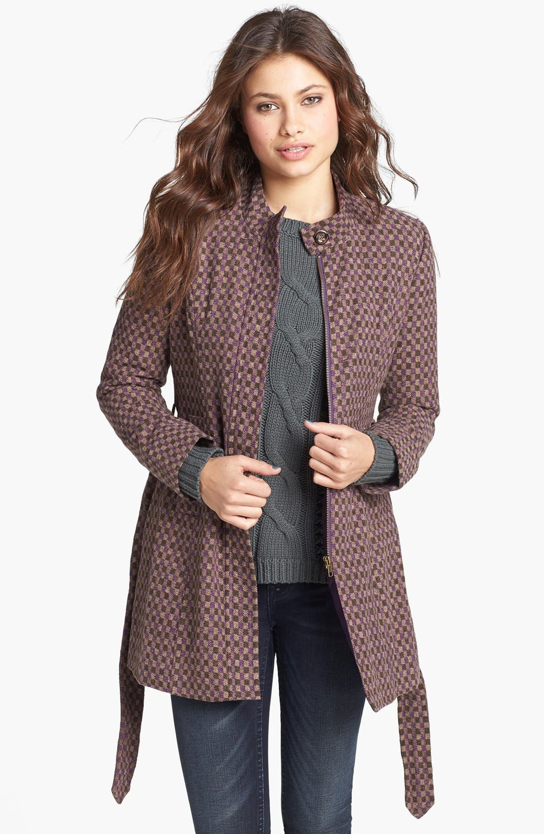 Tulle Stand Collar Belted Plaid Coat (Juniors) Nordstrom