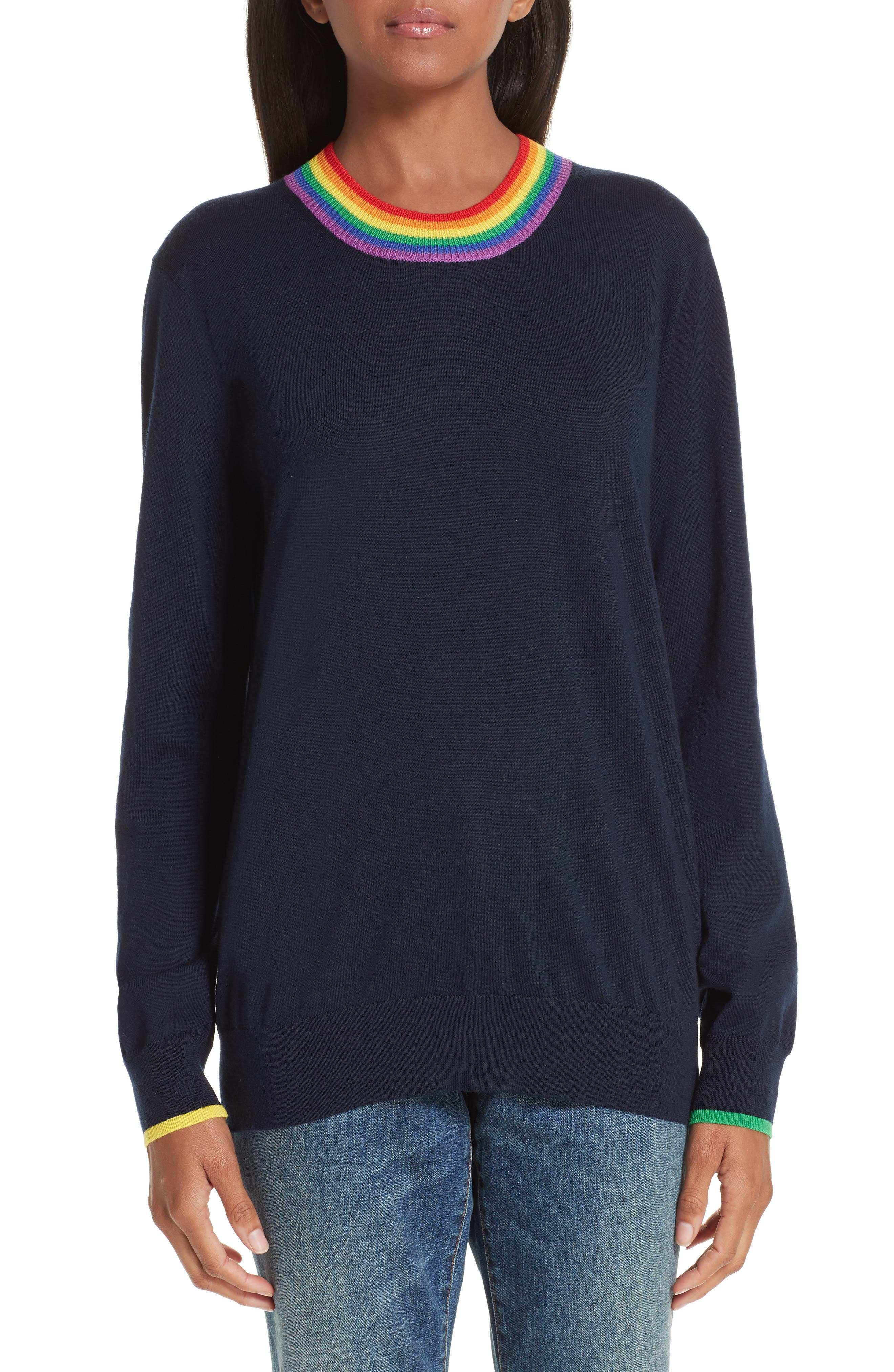 Burberry Dales Rainbow Trim Merino Wool Sweater, Blue
