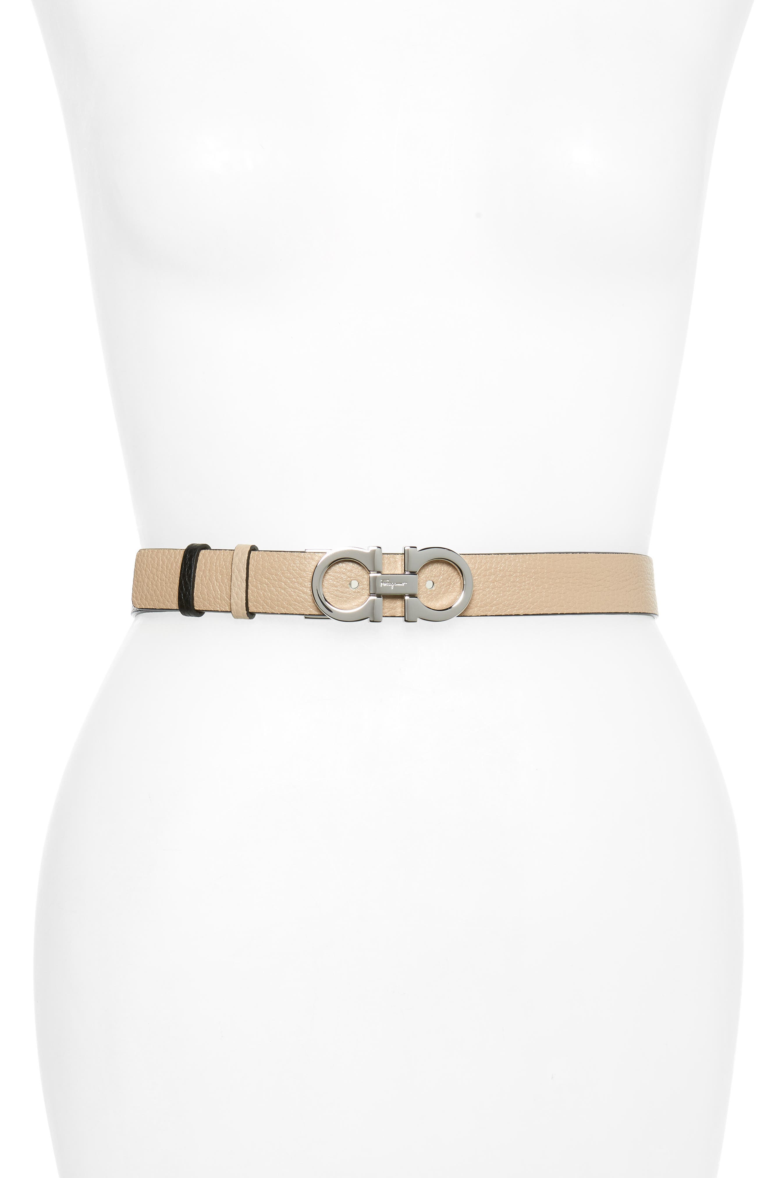 Salvatore Ferragamo Double Gancio Reversible Leather Belt, New Bisque/ Nero