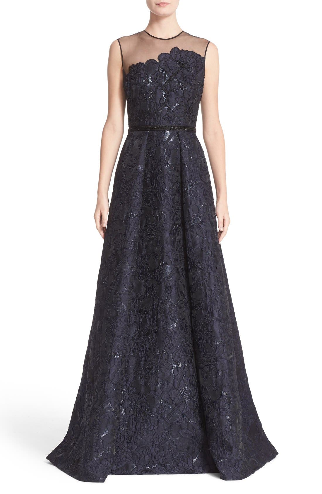 Carmen Marc Valvo Couture Illusion Yoke Embroidered Jacquard A-Line Gown
