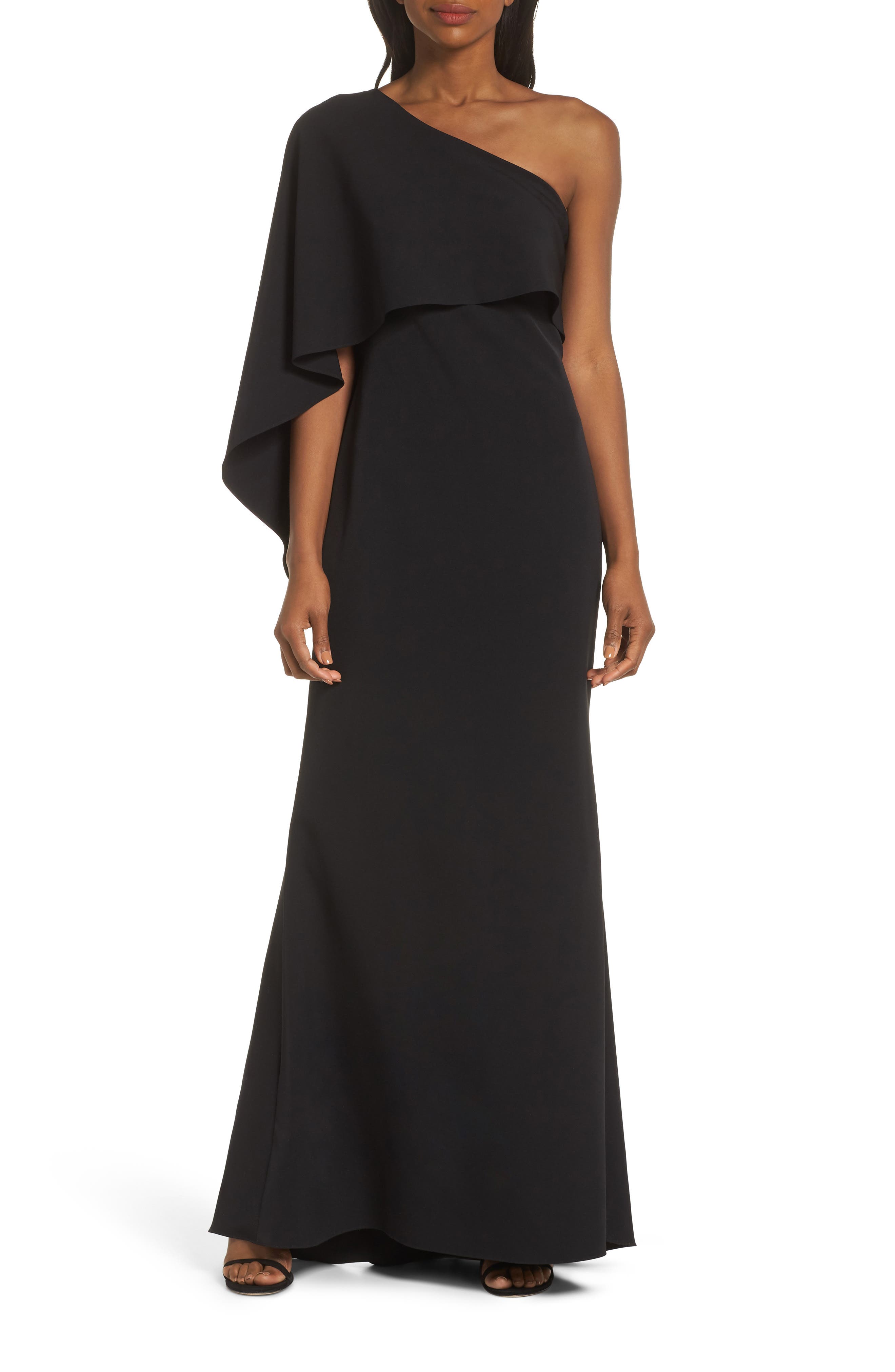 Petite Vince Camuto One-Shoulder Cape Evening Dress, Black