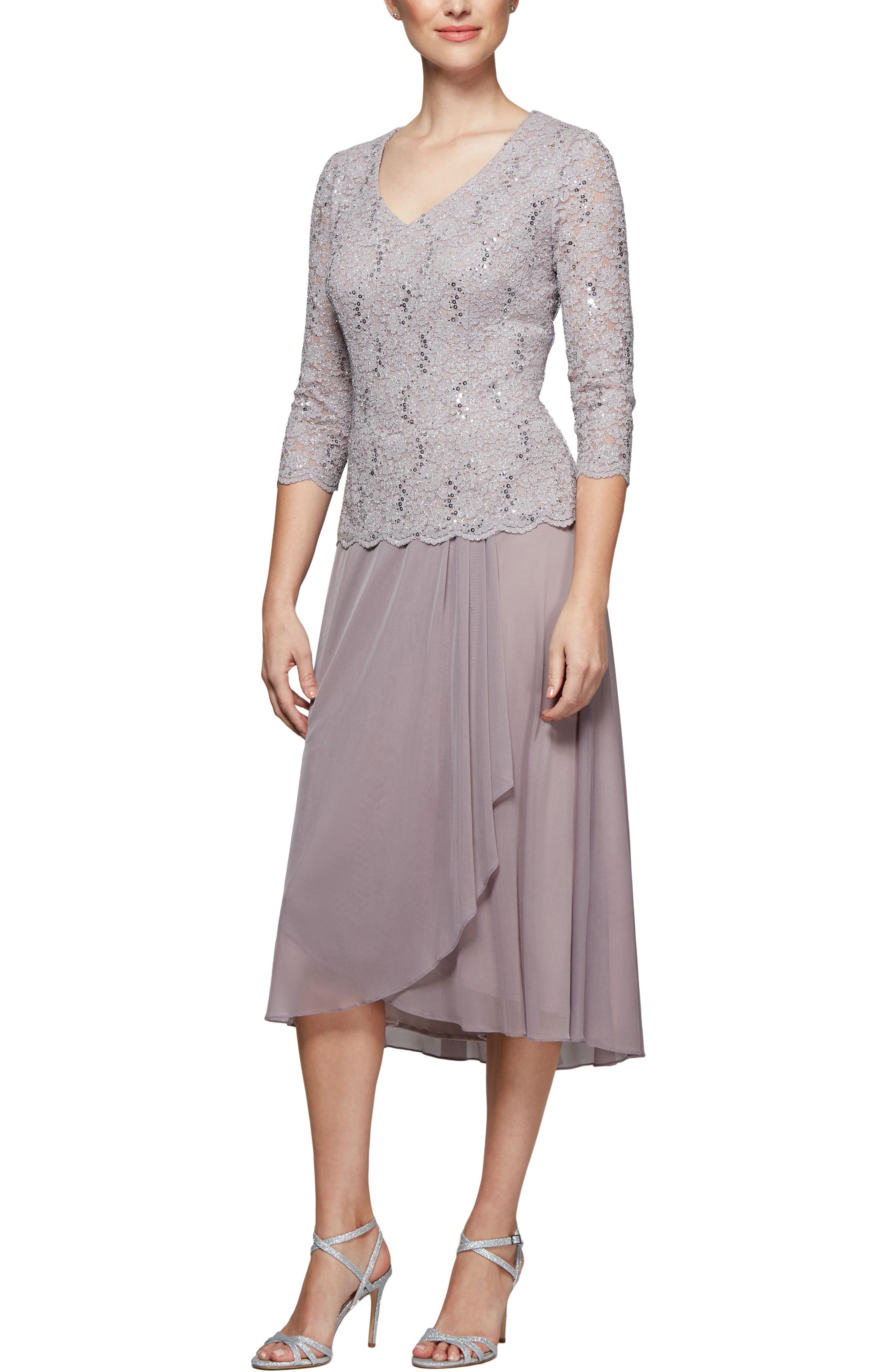 Alex Evenings Tea Length Lace & Chiffon Mock Two-Piece Dress, Pink
