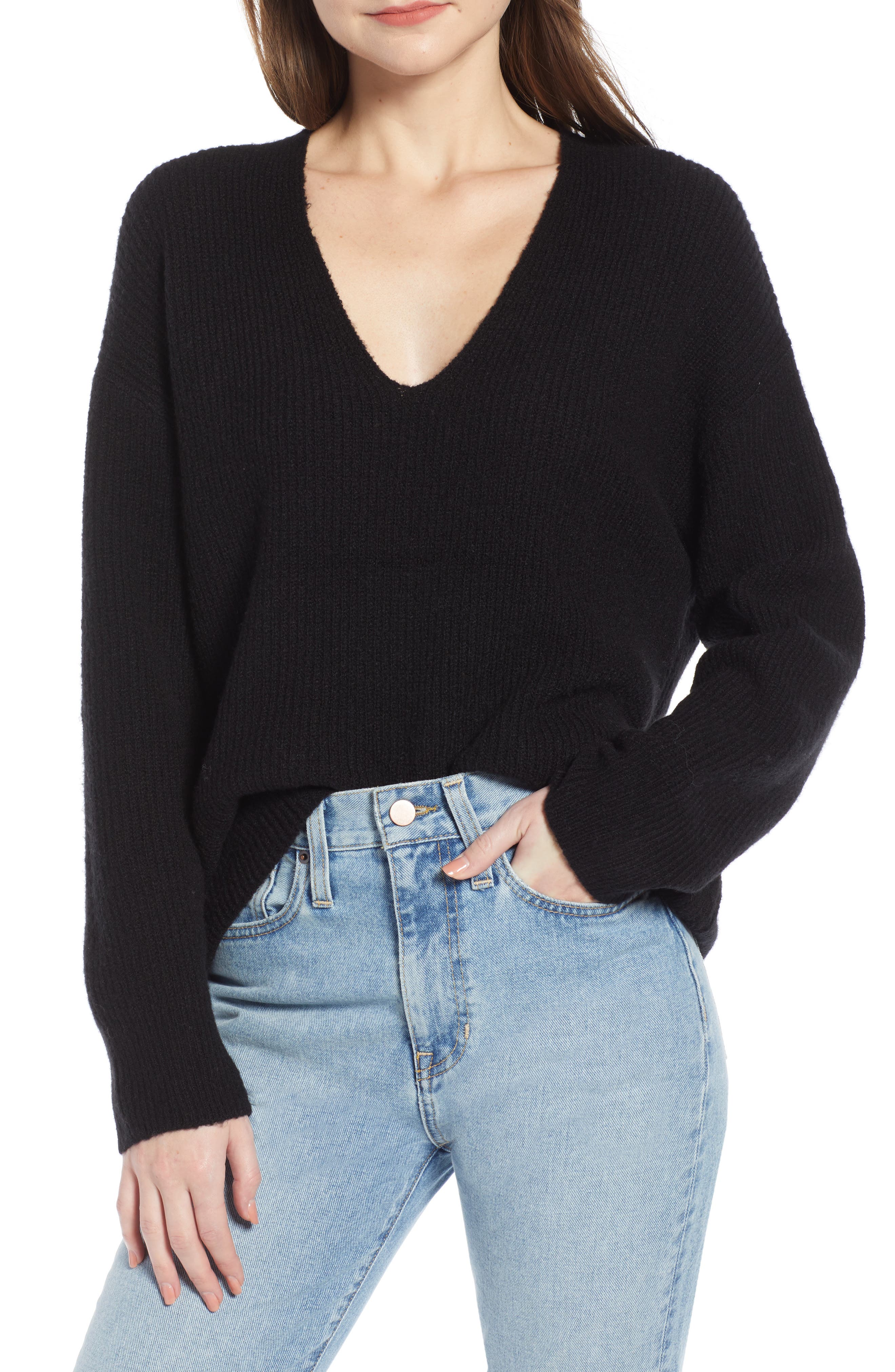V-Neck Sweater,                        Main,                        color, BLACK