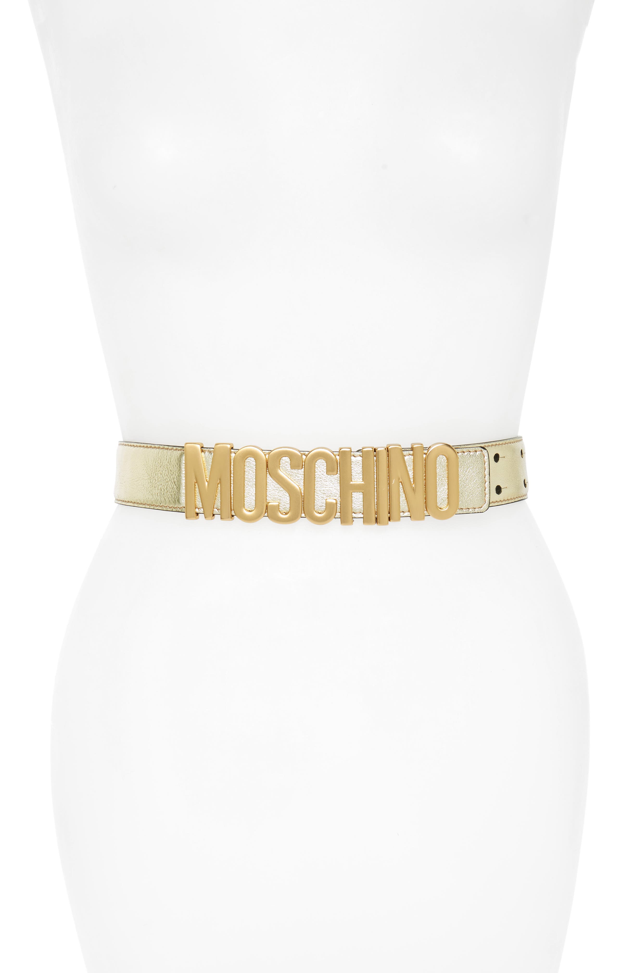 Moschino Logo Leather Belt, Gold W/ Gold