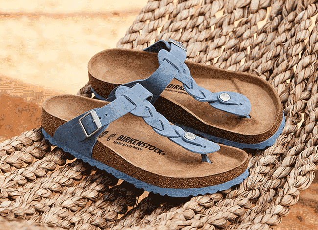Birkenstock braided Gizeh sandals for women and leather-and-suede Arizona sandals for men.
