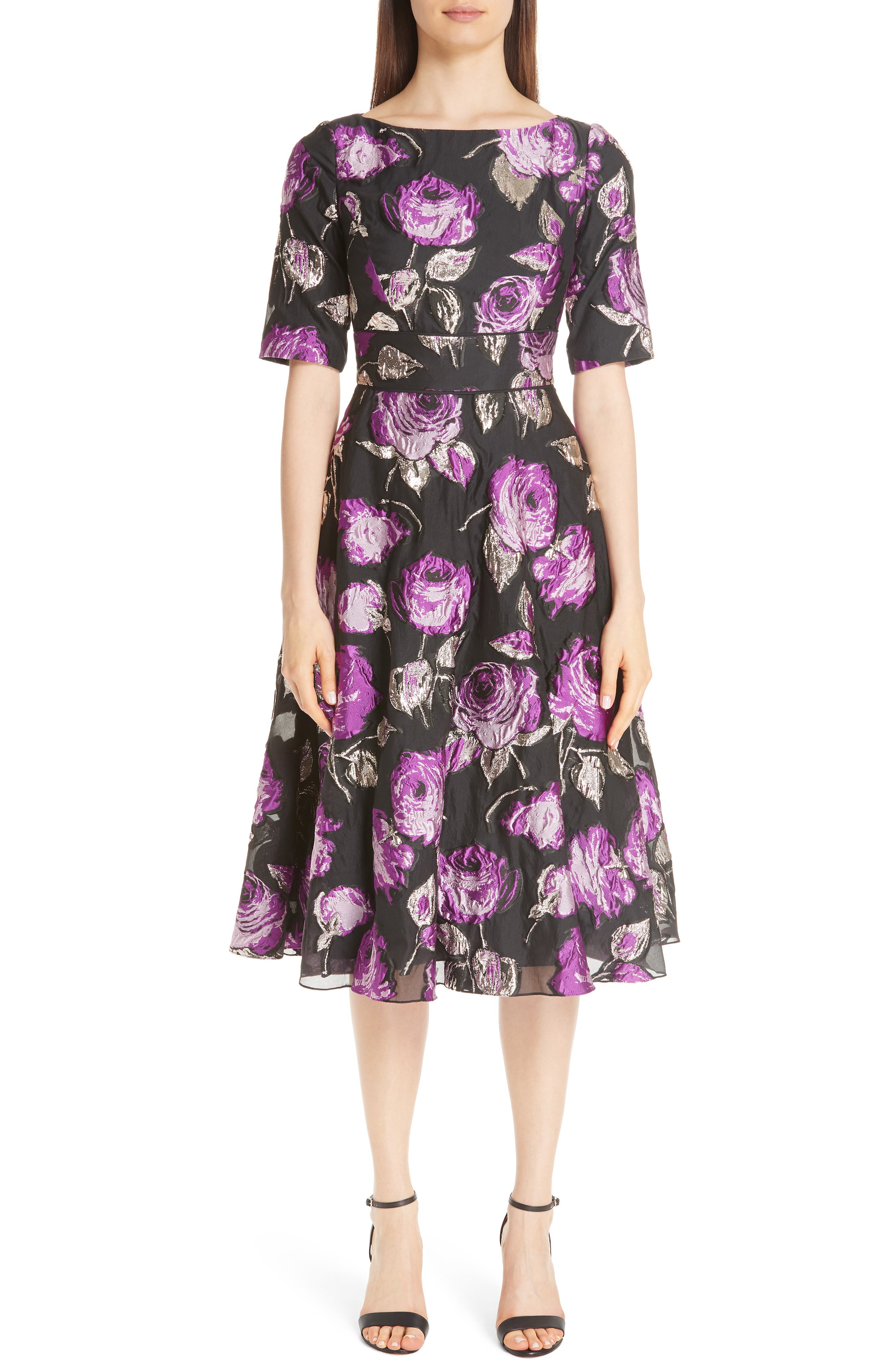 Lela Rose Metallic Floral Fil Coupe Fit & Flare Dress, Purple