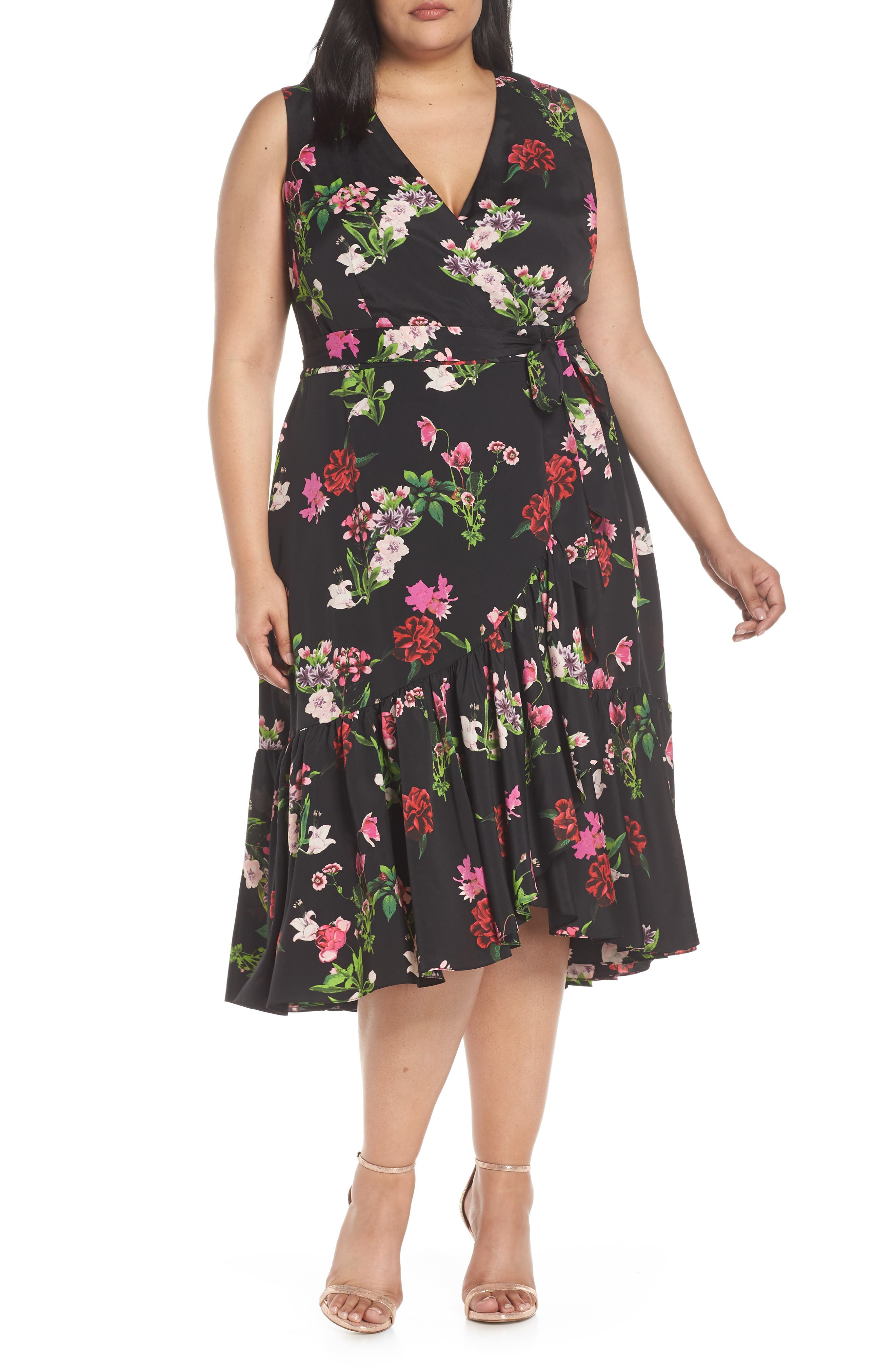 Plus Size Eliza J Ruffle Hem Faux Wrap Dress, Black