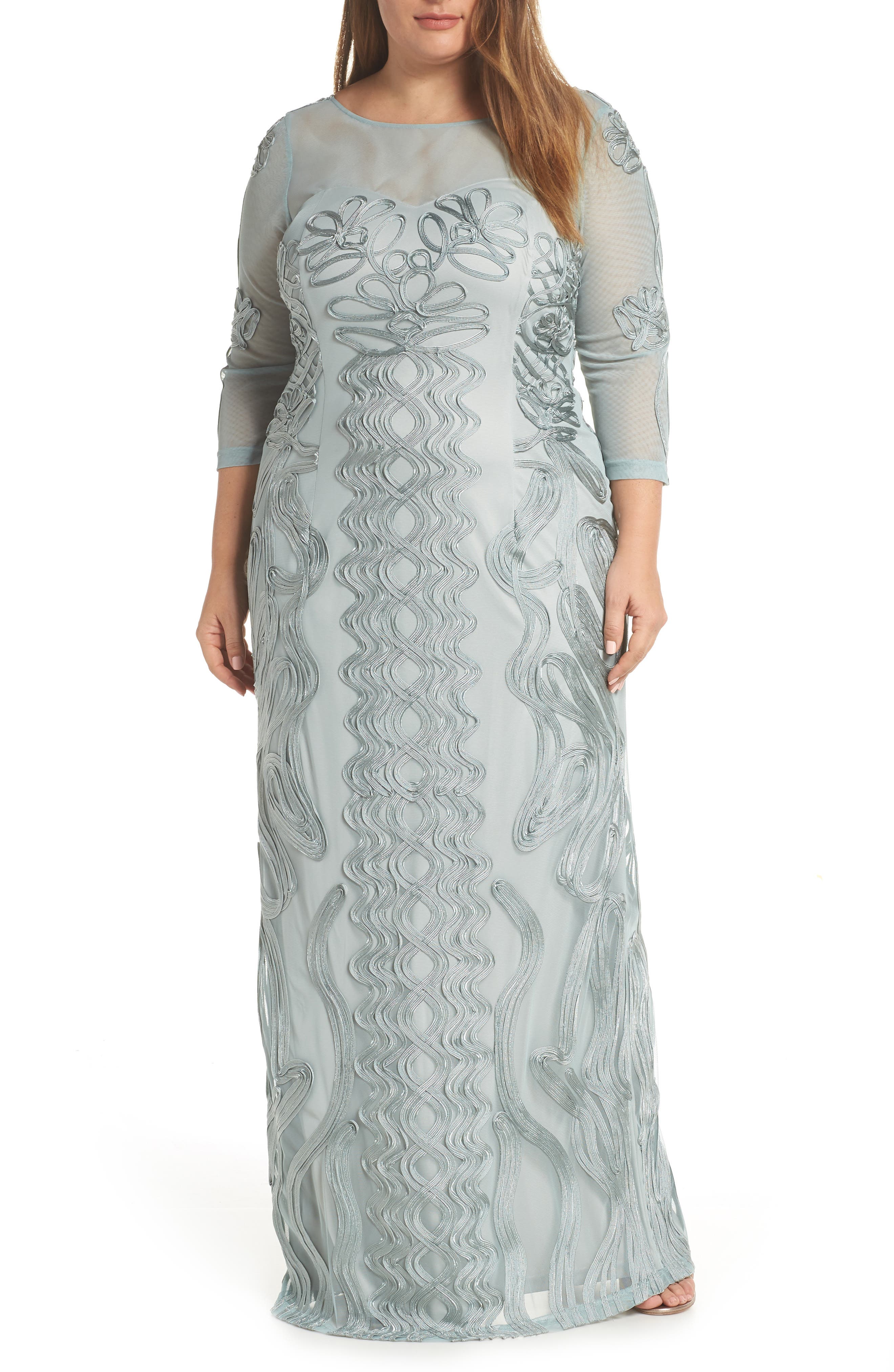 Plus Size Js Collections Soutache Trim Mesh Column Gown, Blue/green