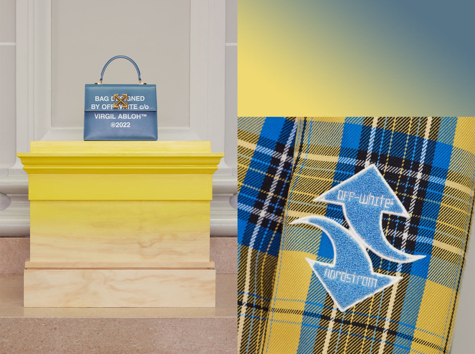 An Off-White handbag; closeup of the yellow and blue plaid with logos.