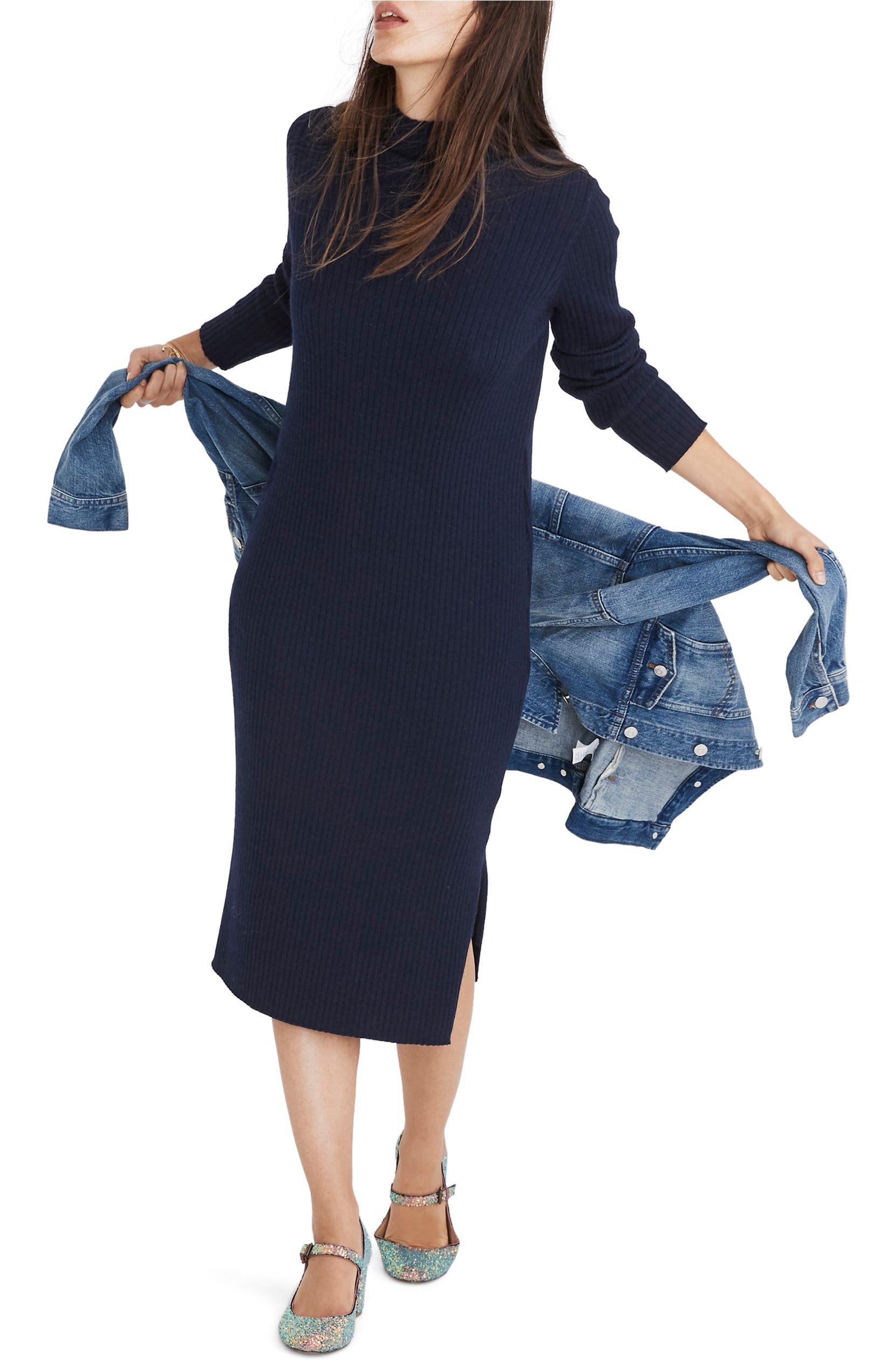 Mock Neck Midi Sweater Dress, Main, color, NAVY