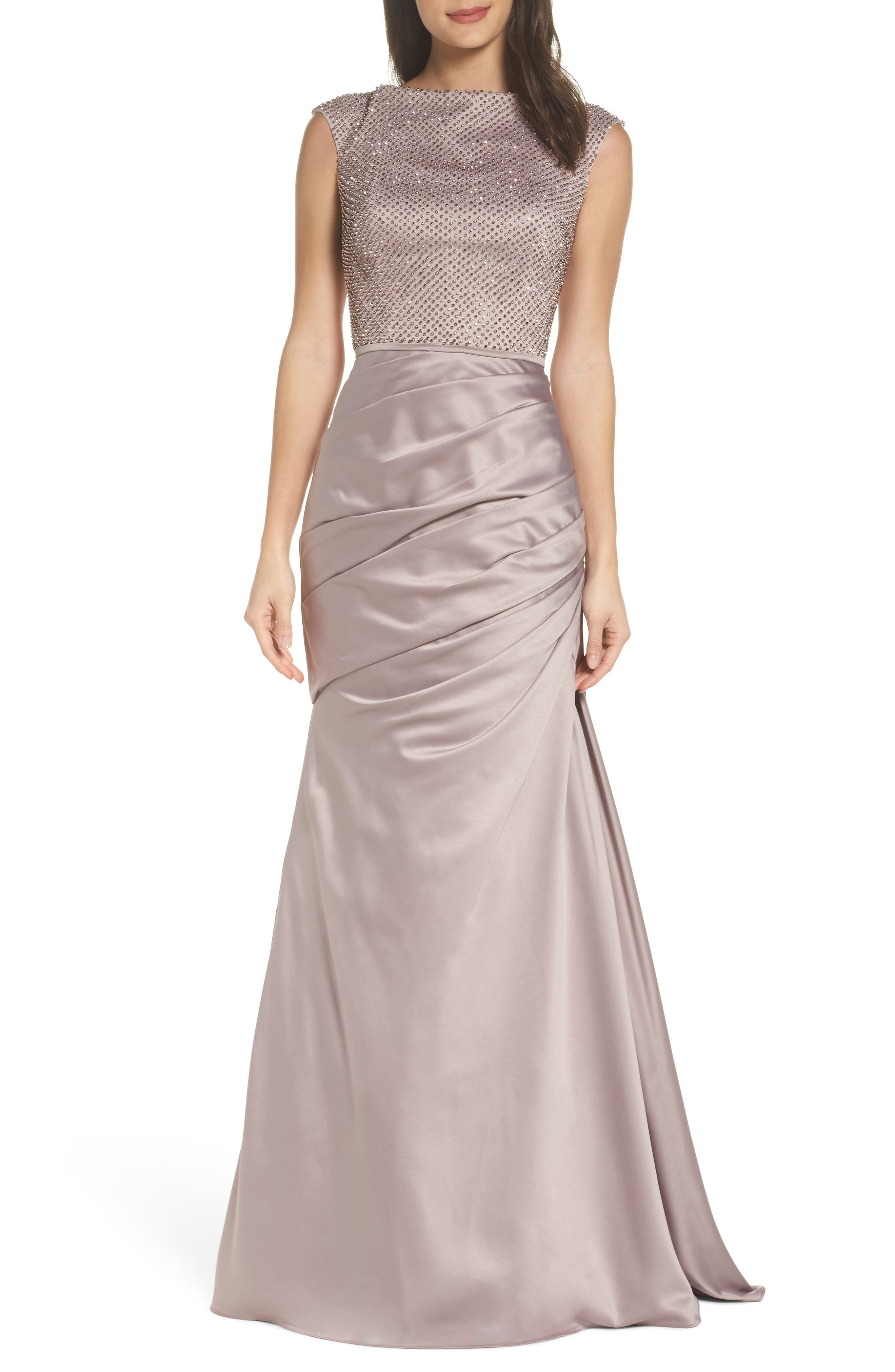 La Femme Embellished Bodice Trumpet Gown, Beige