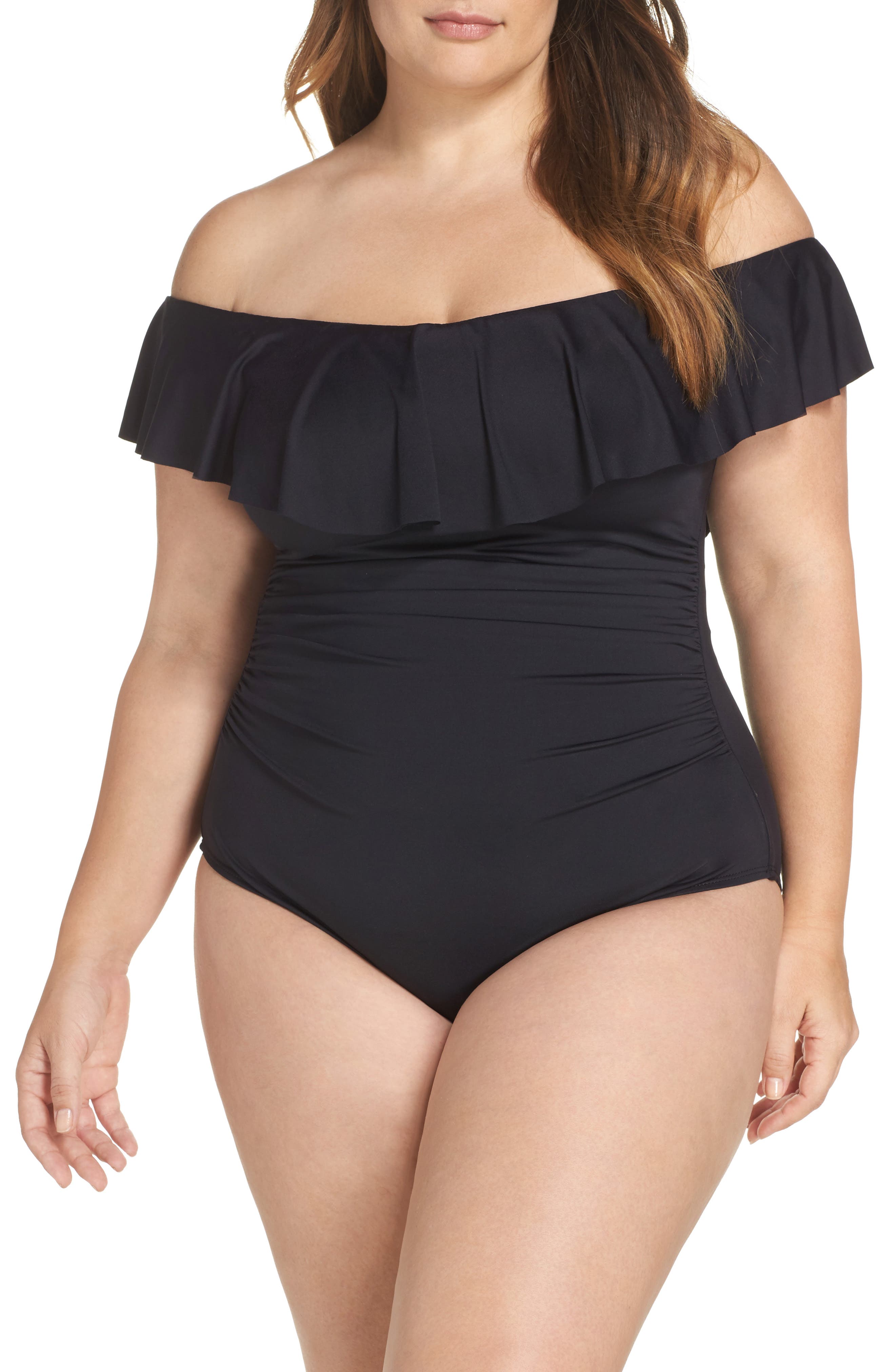 Plus Size La Blanca Off The Shoulder One-Piece Swimsuit, Black