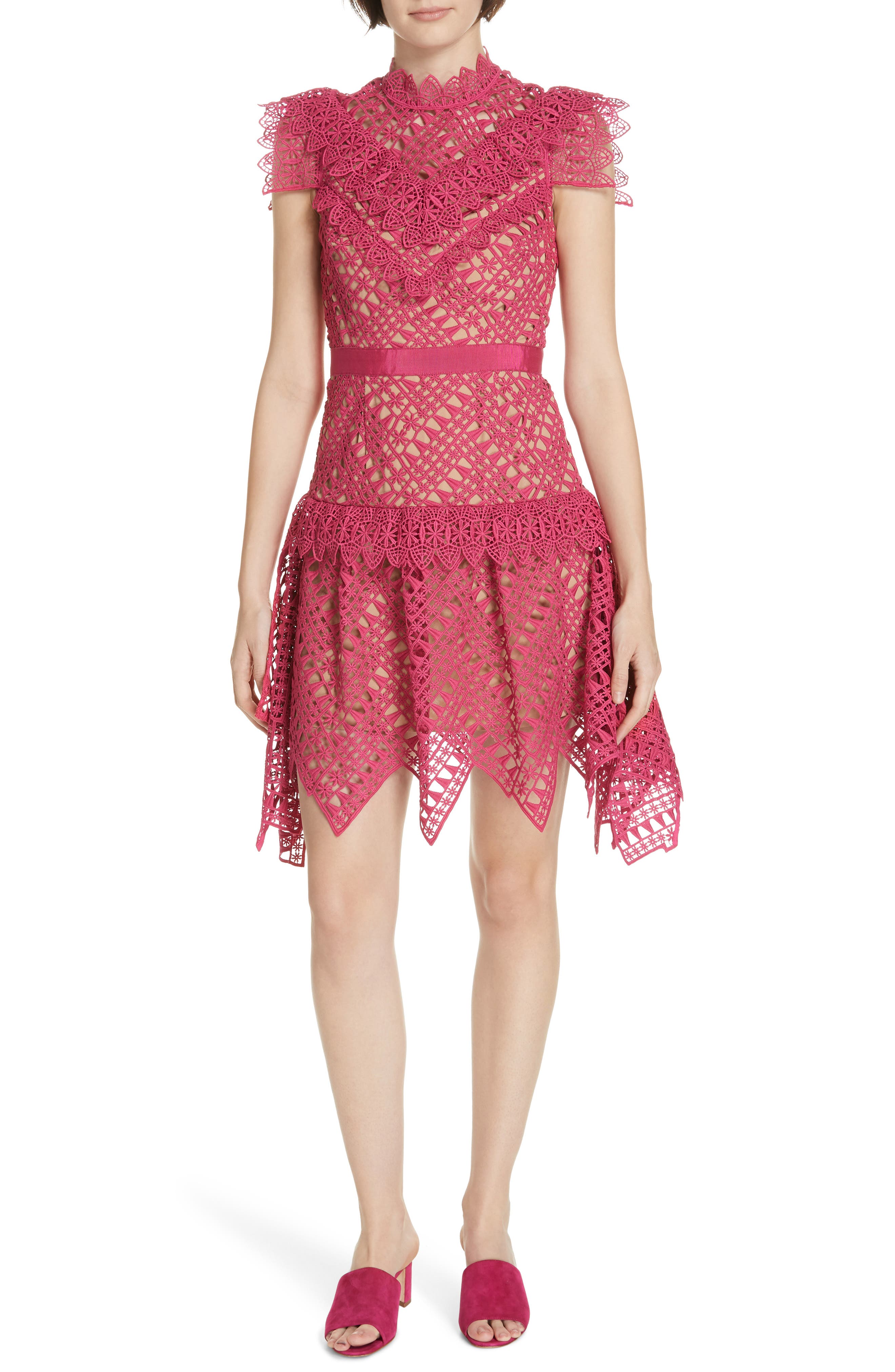 Self-Portrait Lace Handkerchief Hem Minidress, Pink