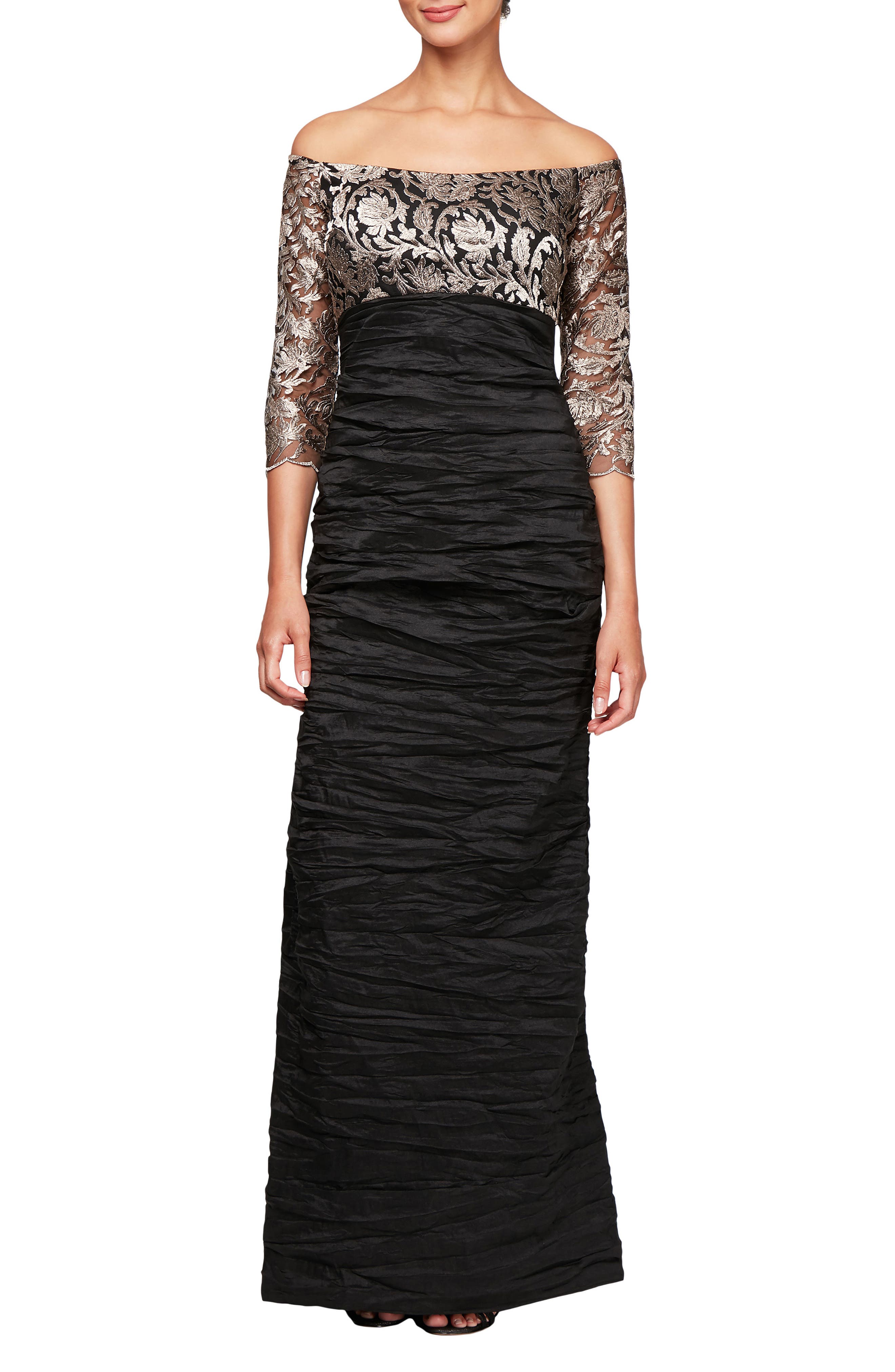 Alex Evenings Off Shoulder Empire Waist Gown, Black