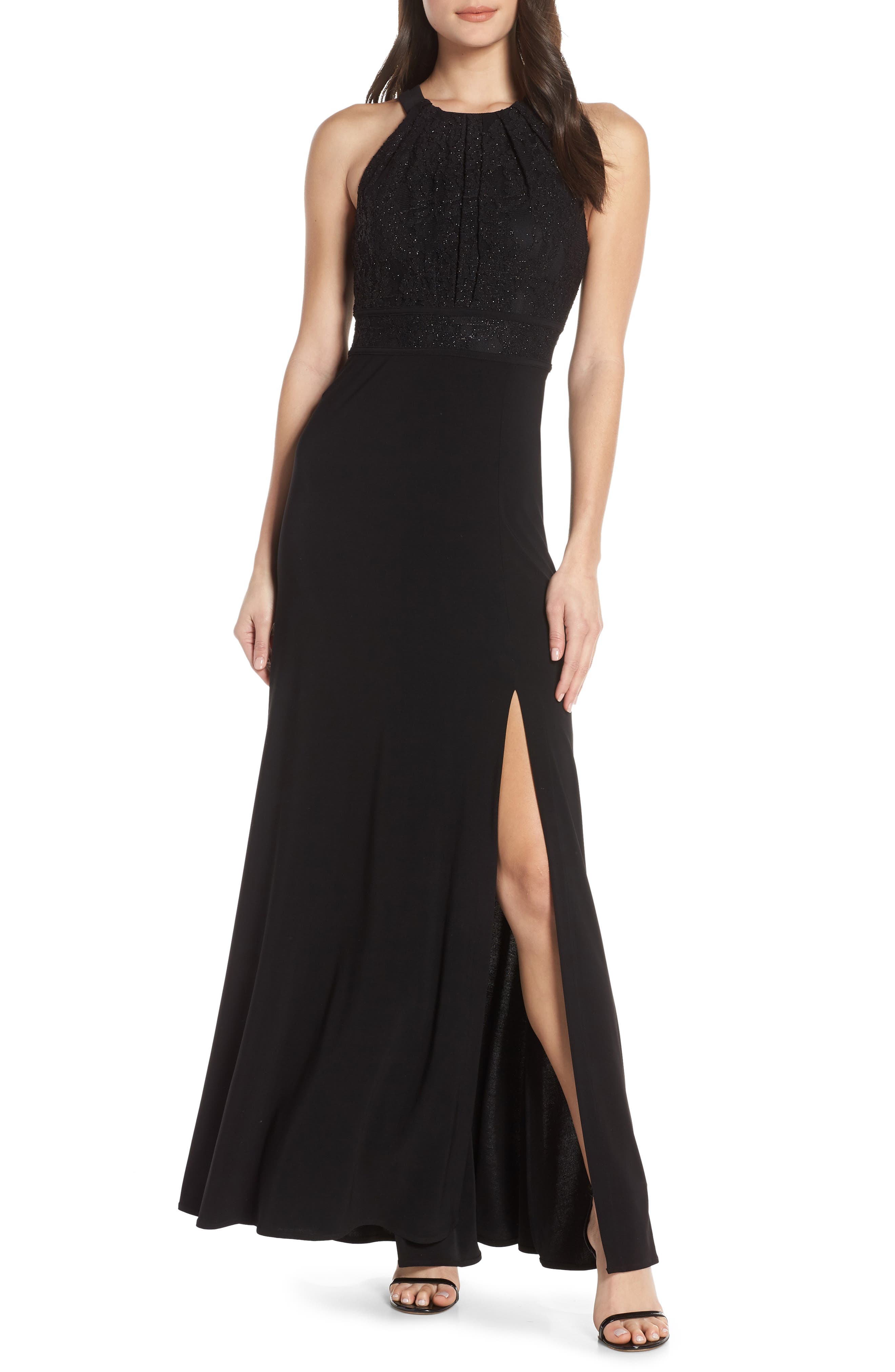 Morgan & Co. Pleat Lace Bodice Evening Dress, /10 - Black