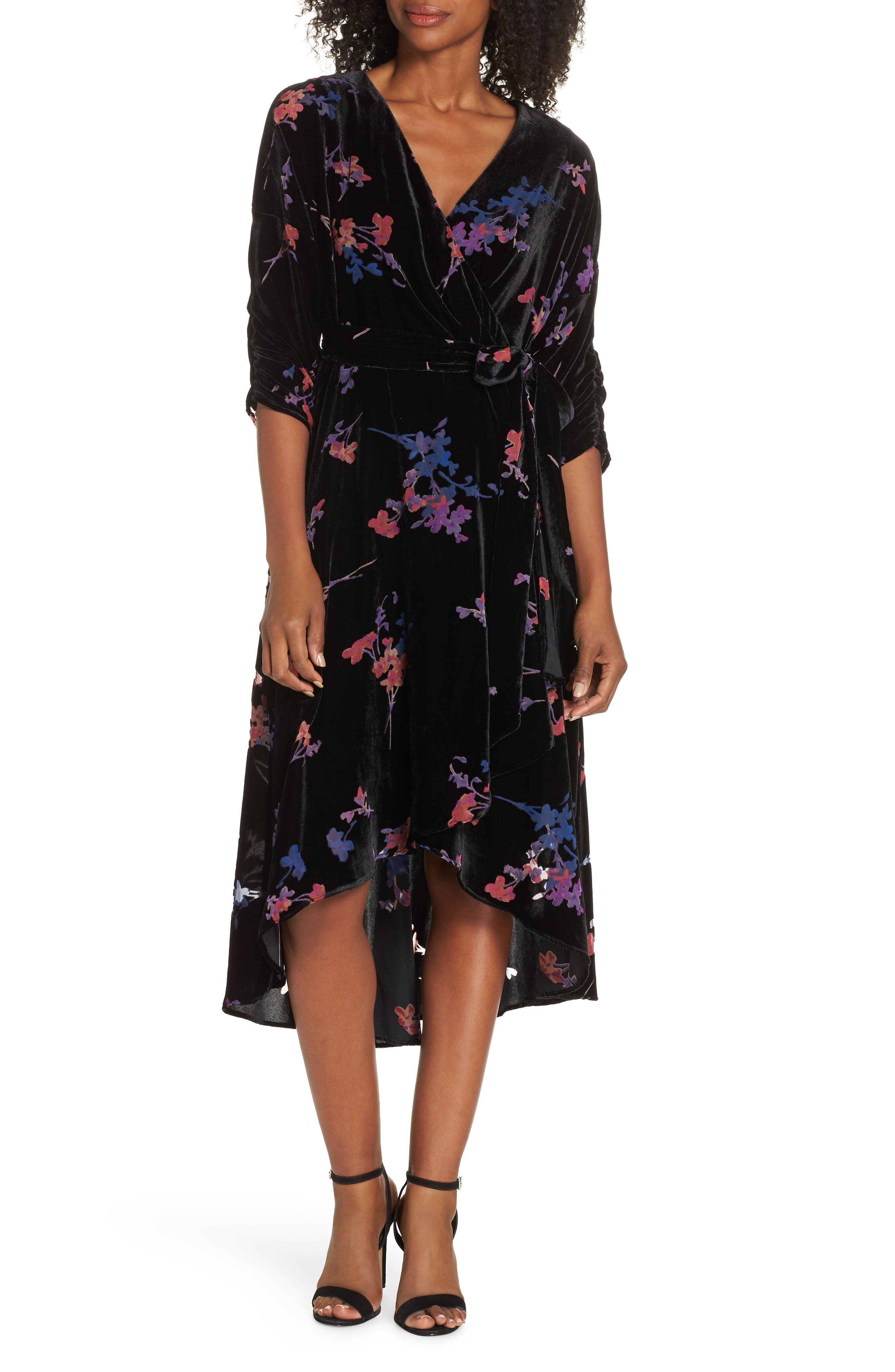 Eliza J Floral Faux Wrap Dress, Black