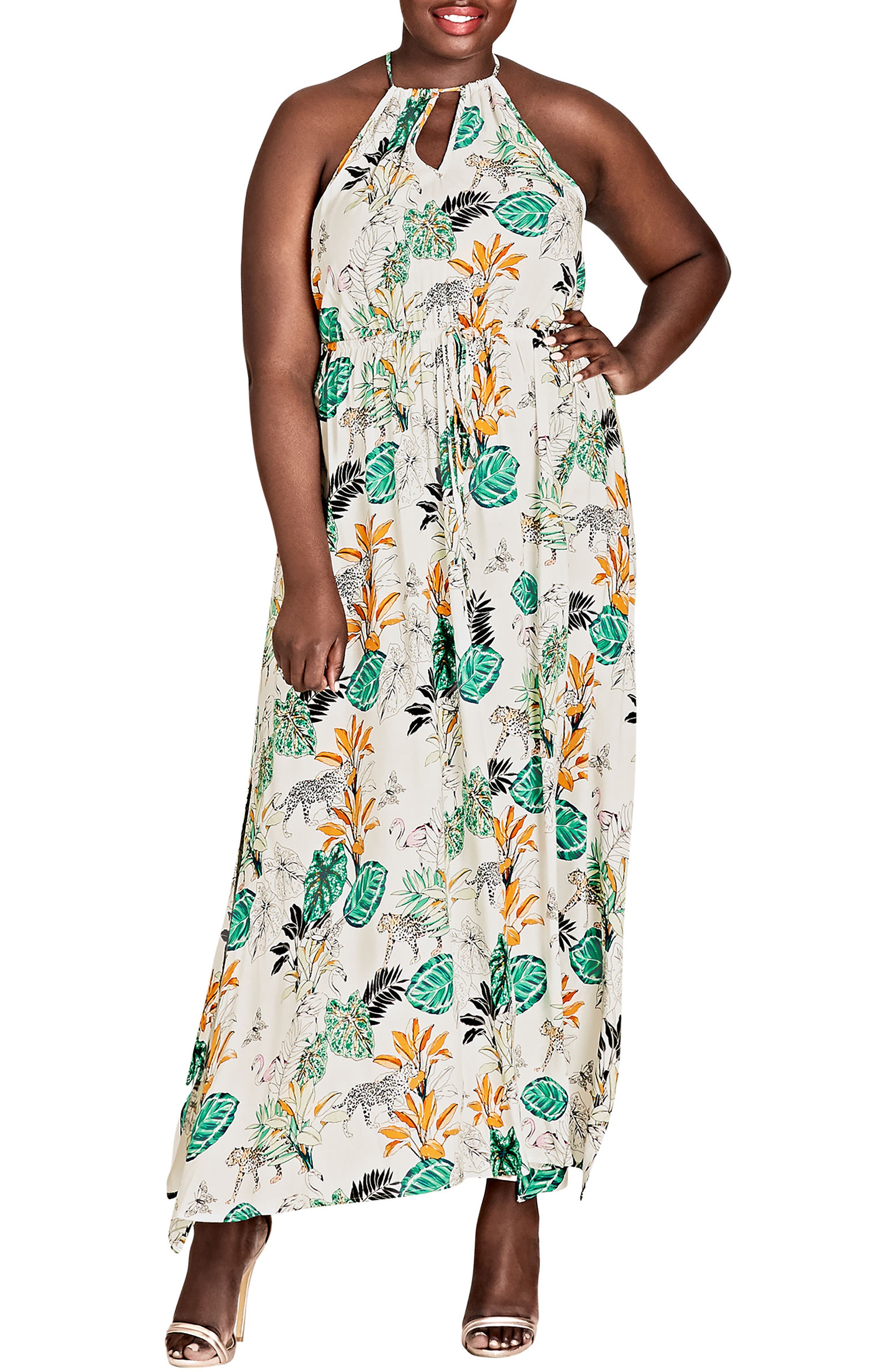 Plus Size City Chic Jungle Study Drawstring Maxi Dress, White