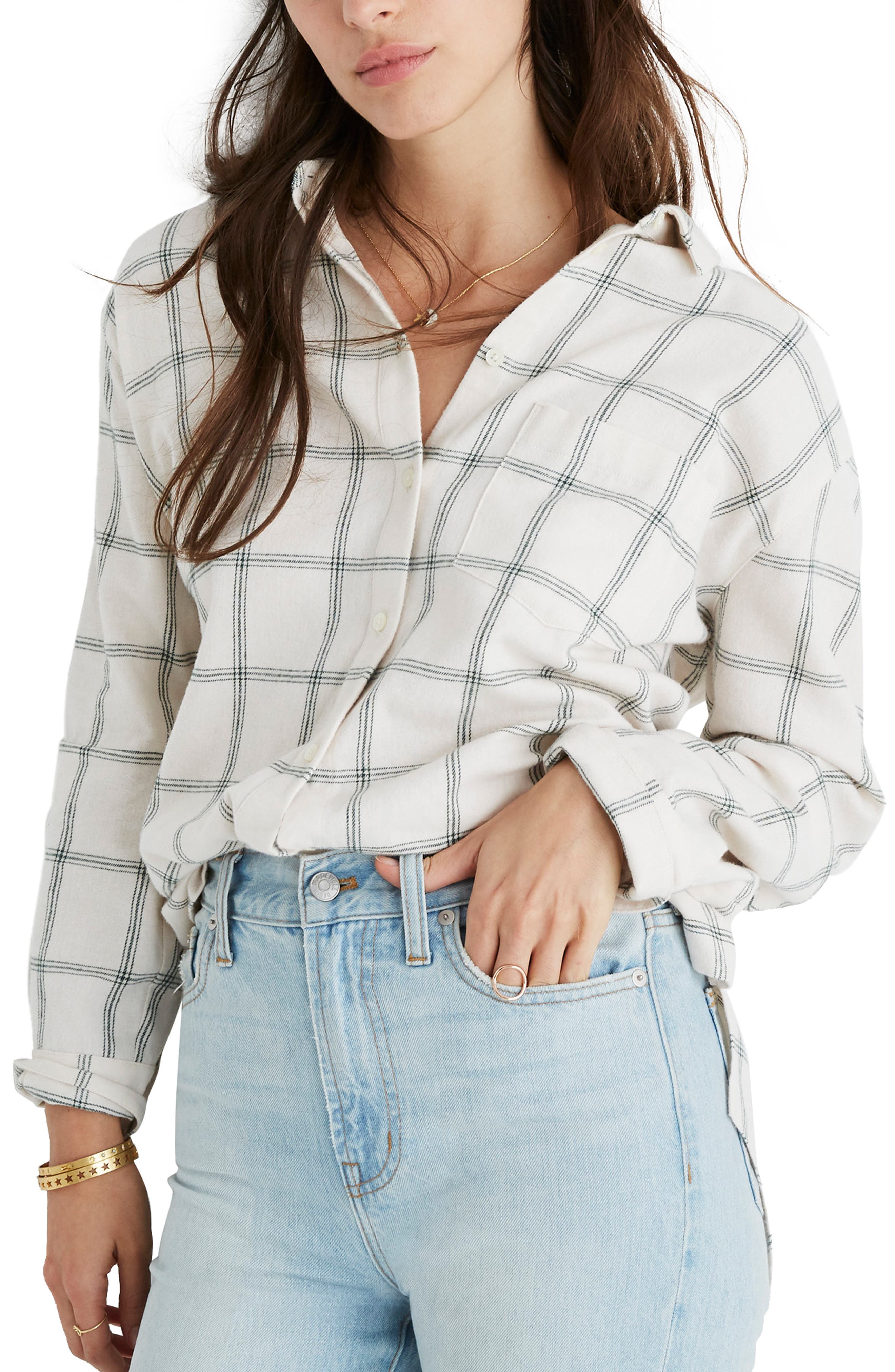 Plus Size Madewell Oversize Ex-Boyfriend Flannel Shirt, Size - Green