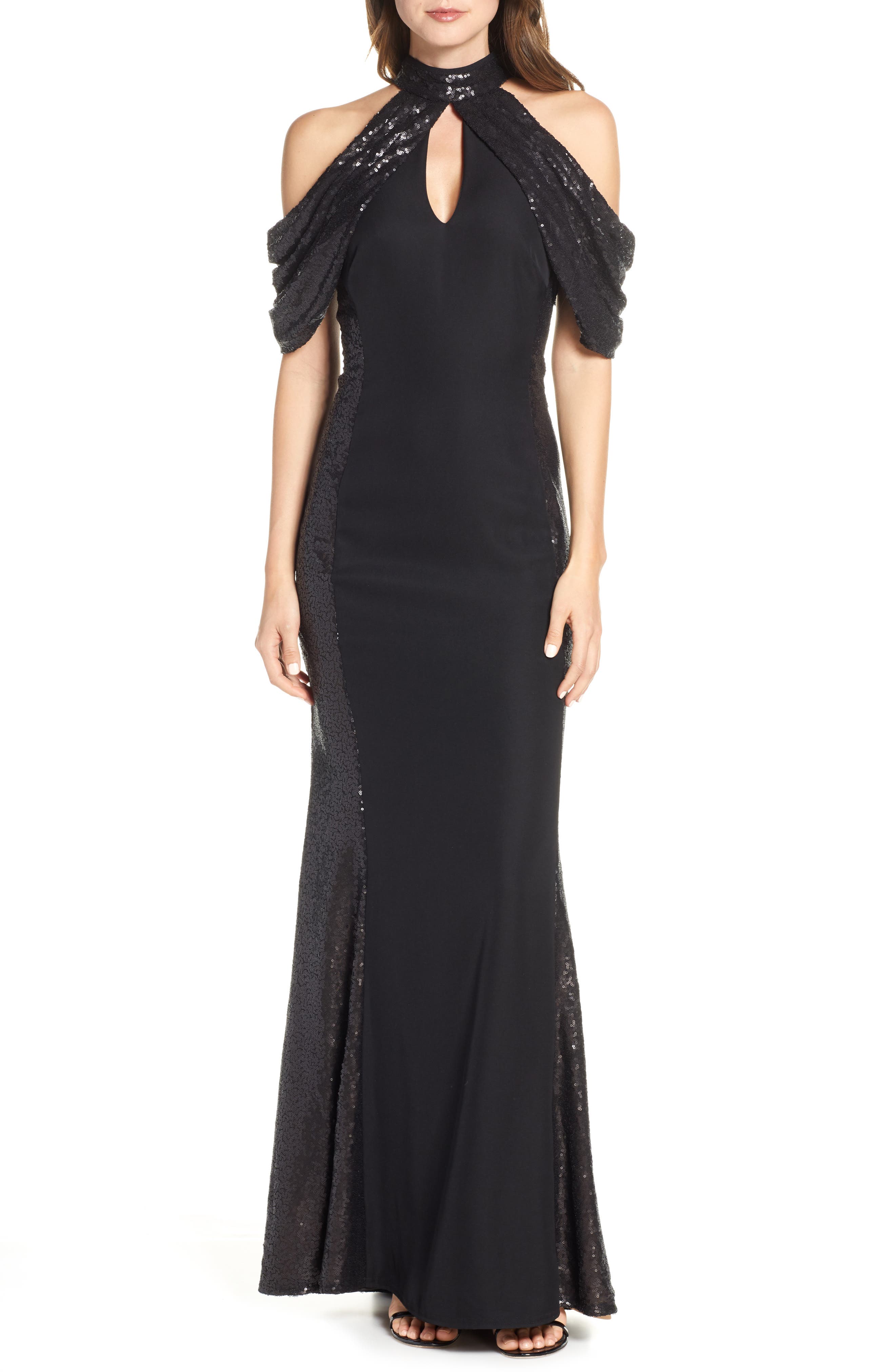 Tadashi Shoji Sequin & Crepe Cold Shoulder Gown, Black