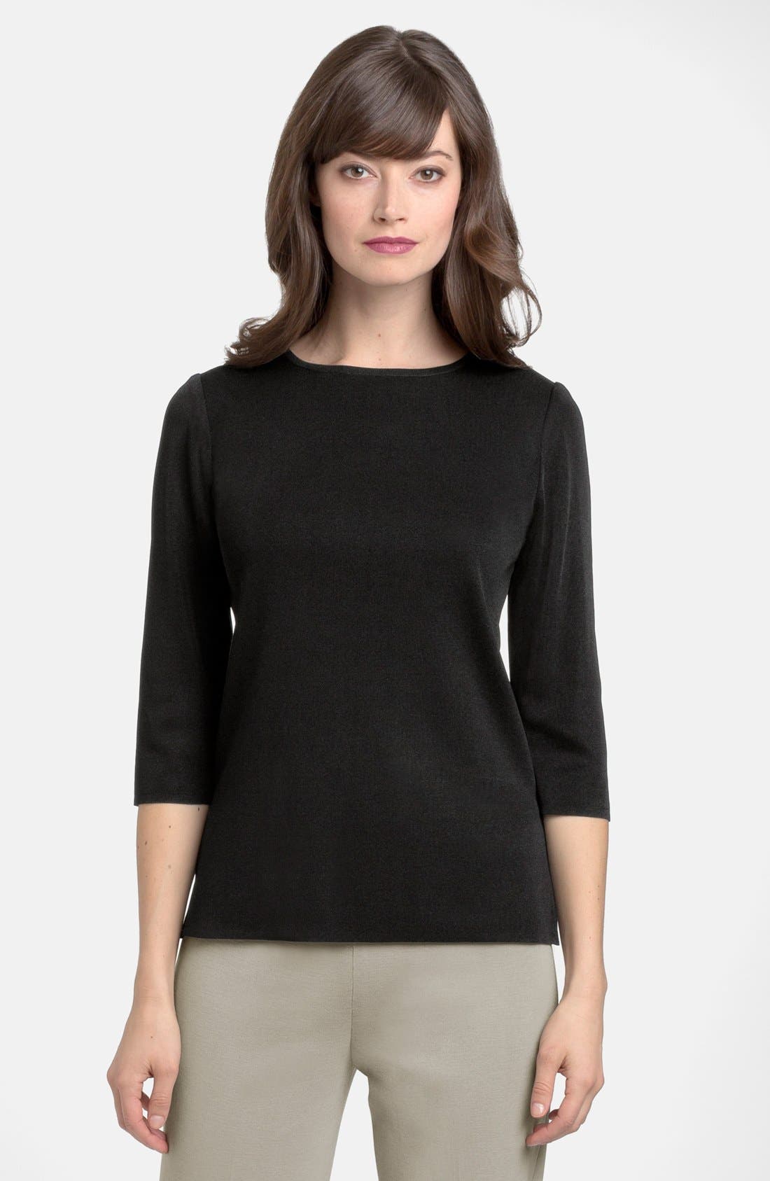 Ming Wang Three Quarter Sleeve Crewneck Knit Shell, Black