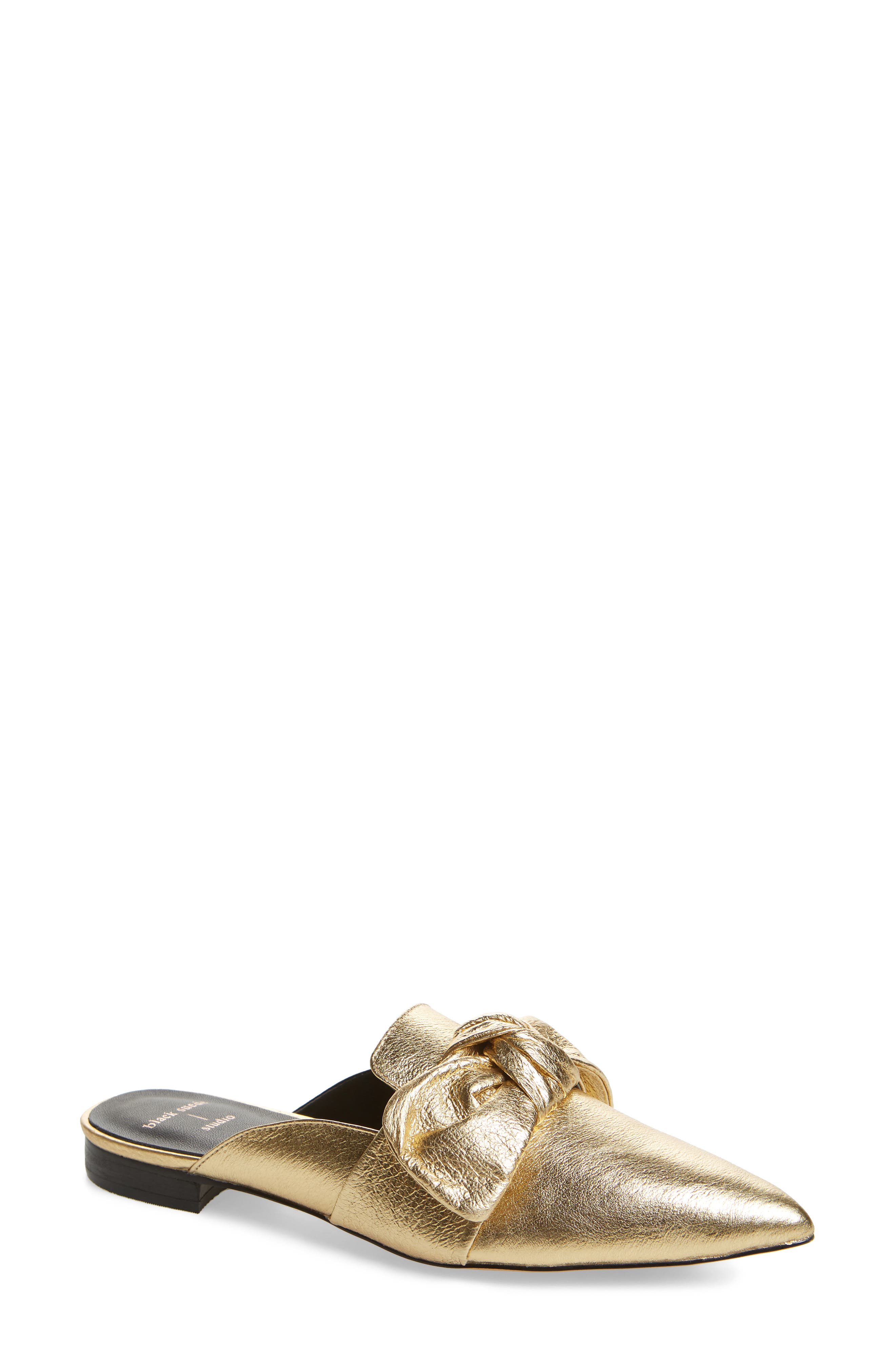 Black Suede Studio Holly Bow Mule, Metallic