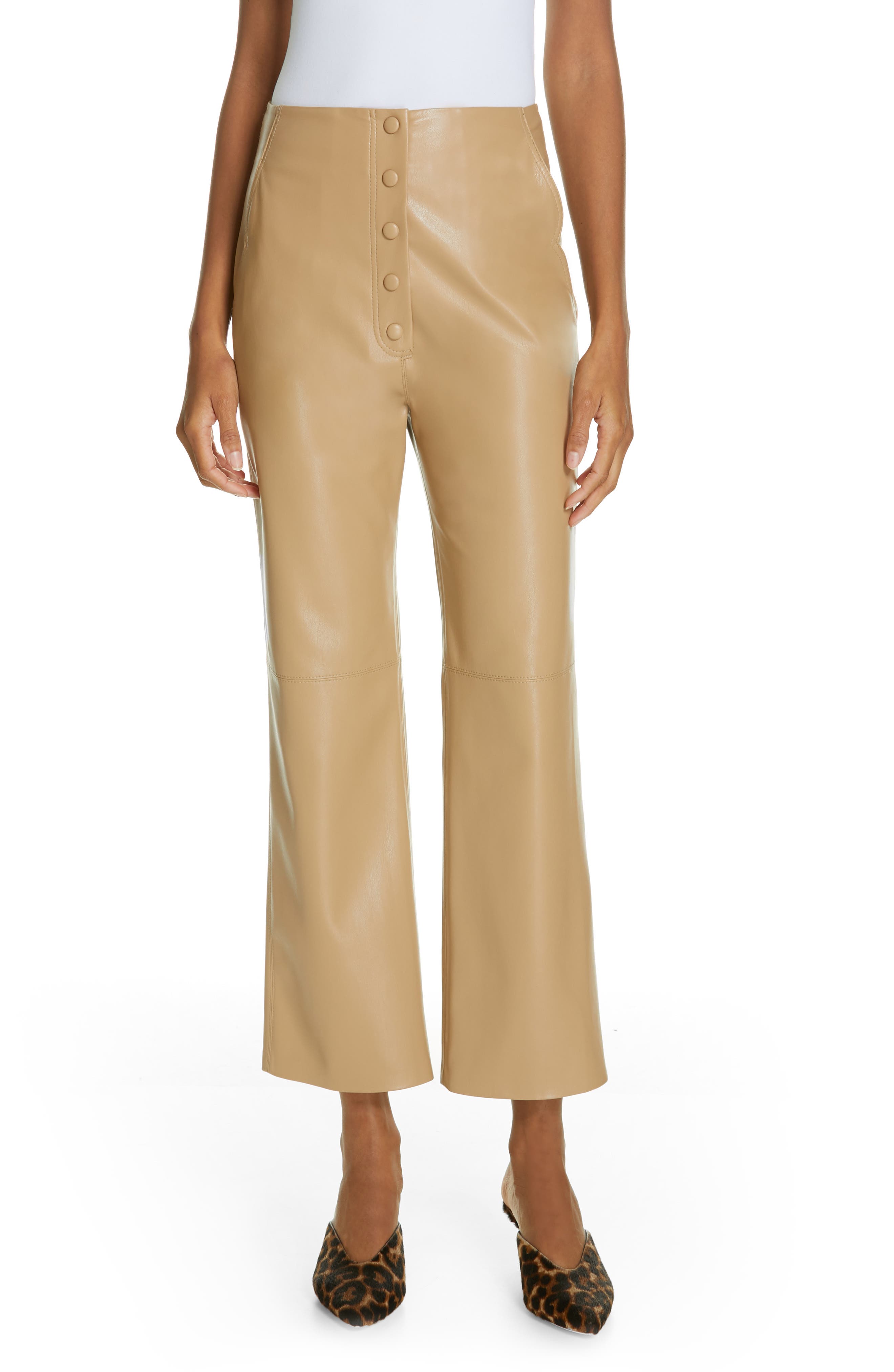 Nanushka Sora Faux Leather Crop Flare Pants, Brown