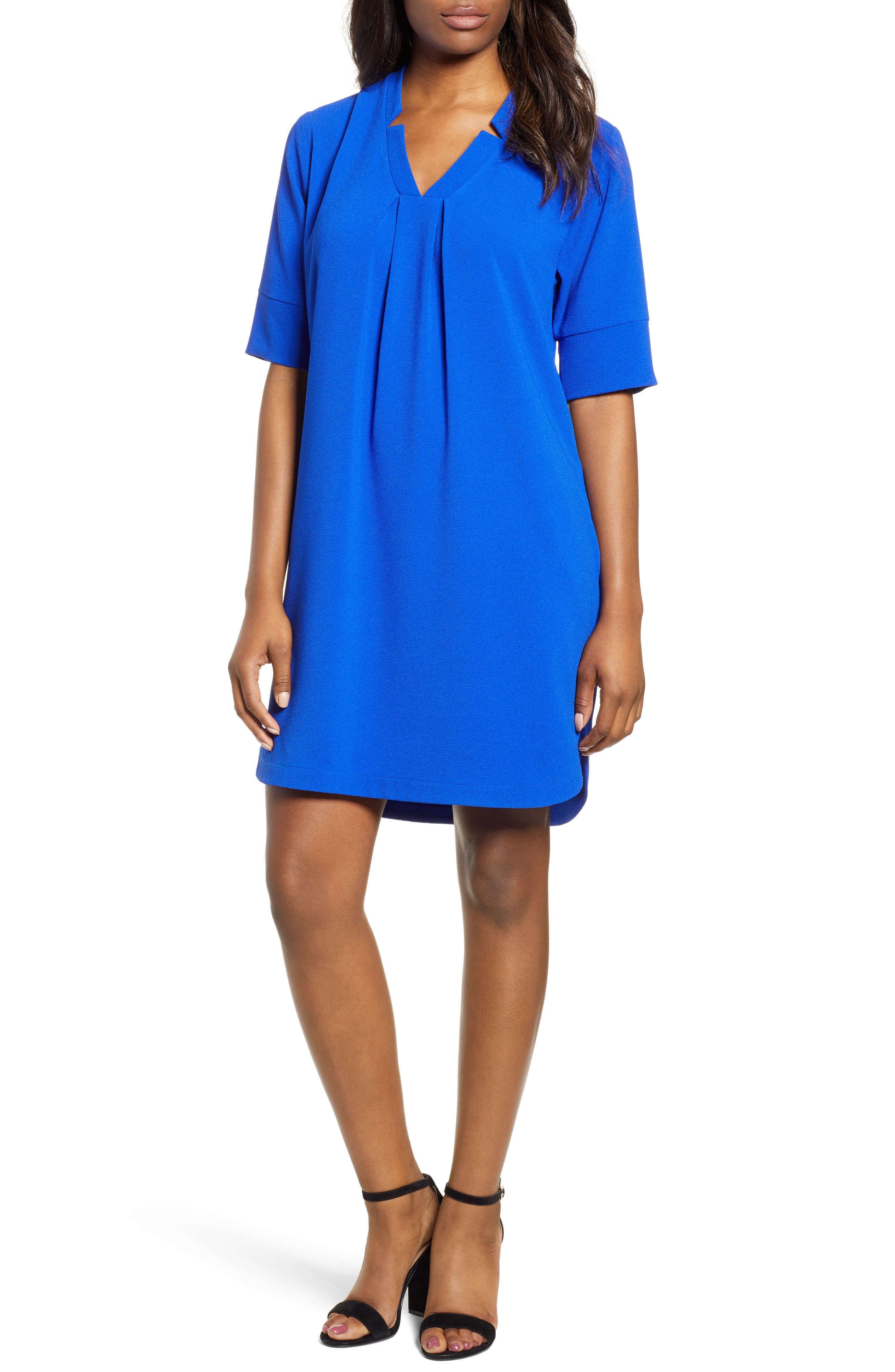 Petite Bobeau Pleat Front Curved Hem Shirtdress, Blue