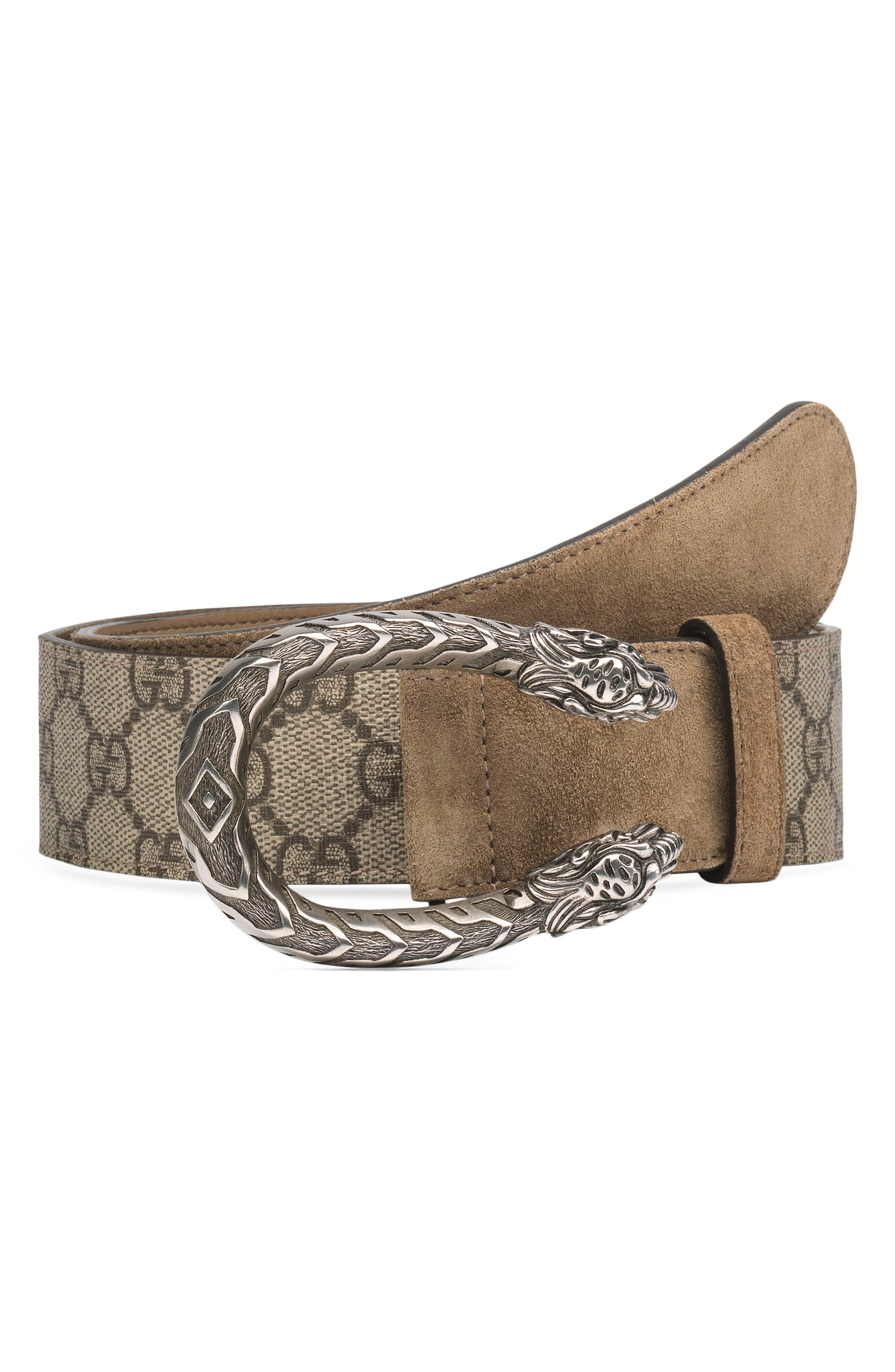 Gucci Gg Supreme Tiger Head Spur Buckle Belt, Ebony/ Taupe